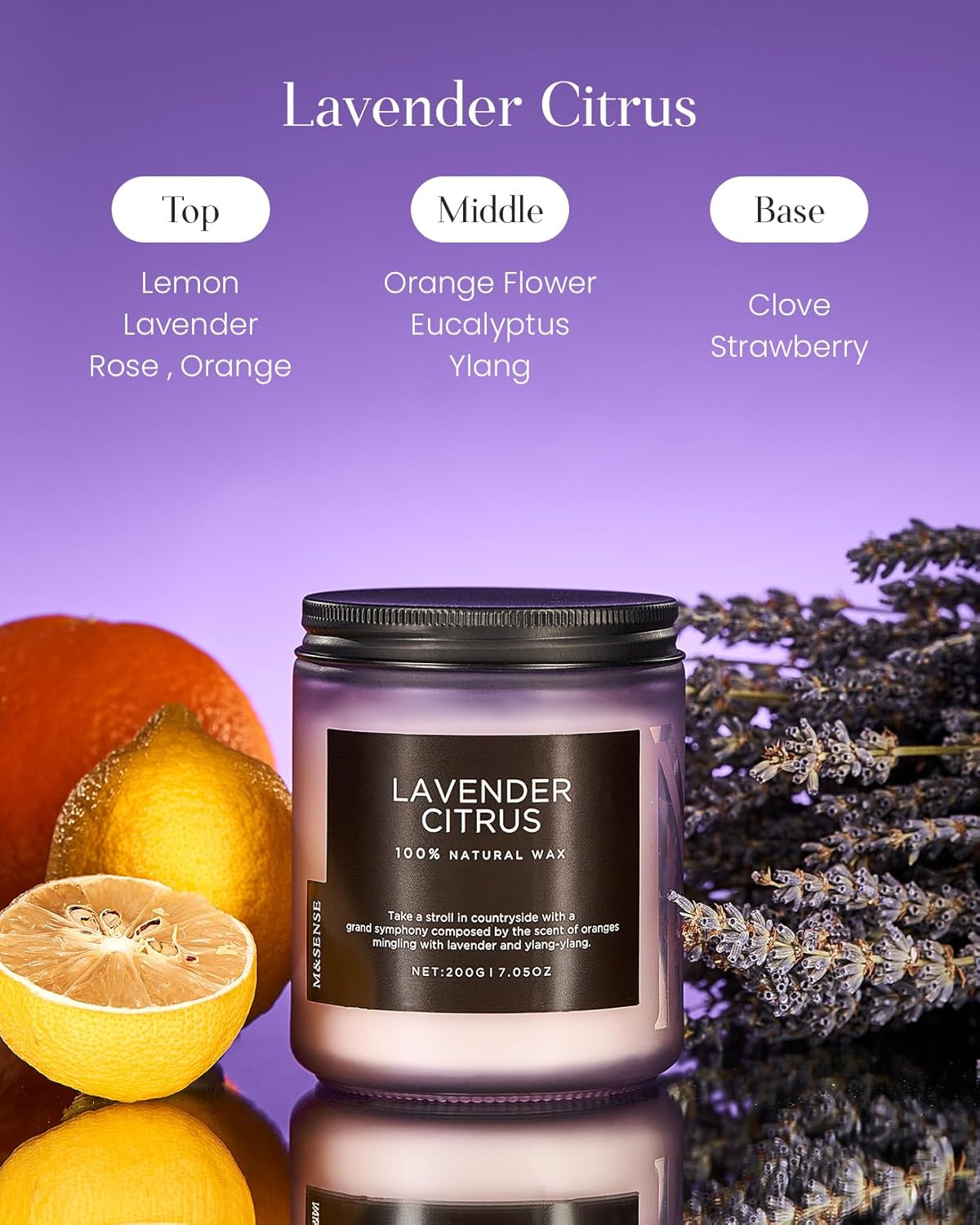 M&SENSE Lavender Citrus Scented Candle, Natural Soy Wax for Home Scented, Stress Relief 7.05oz 50H Burn Time Aromatherapy Candle Gift for Mom Friends Teacher & Spa Bath Yoga