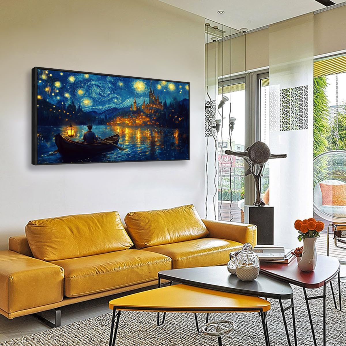 Wall Art Canvas Print Starry Night Over the Rhone by Van Gogh 30 x 58 inches Framed Home Artwork Decor Canvas Art Painting Living Room for Bedroom Office Wall Decor
