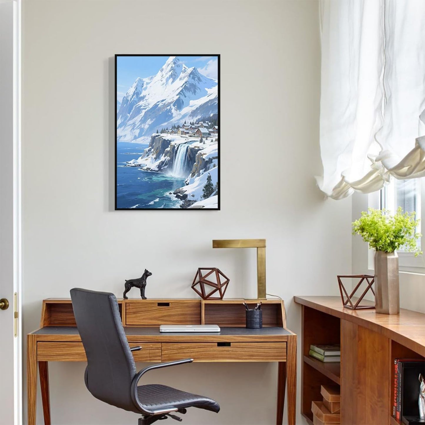 Winter lakeside town and snowy scenery merge together to form a landscape poster wall art suitable for living room bedroom and office