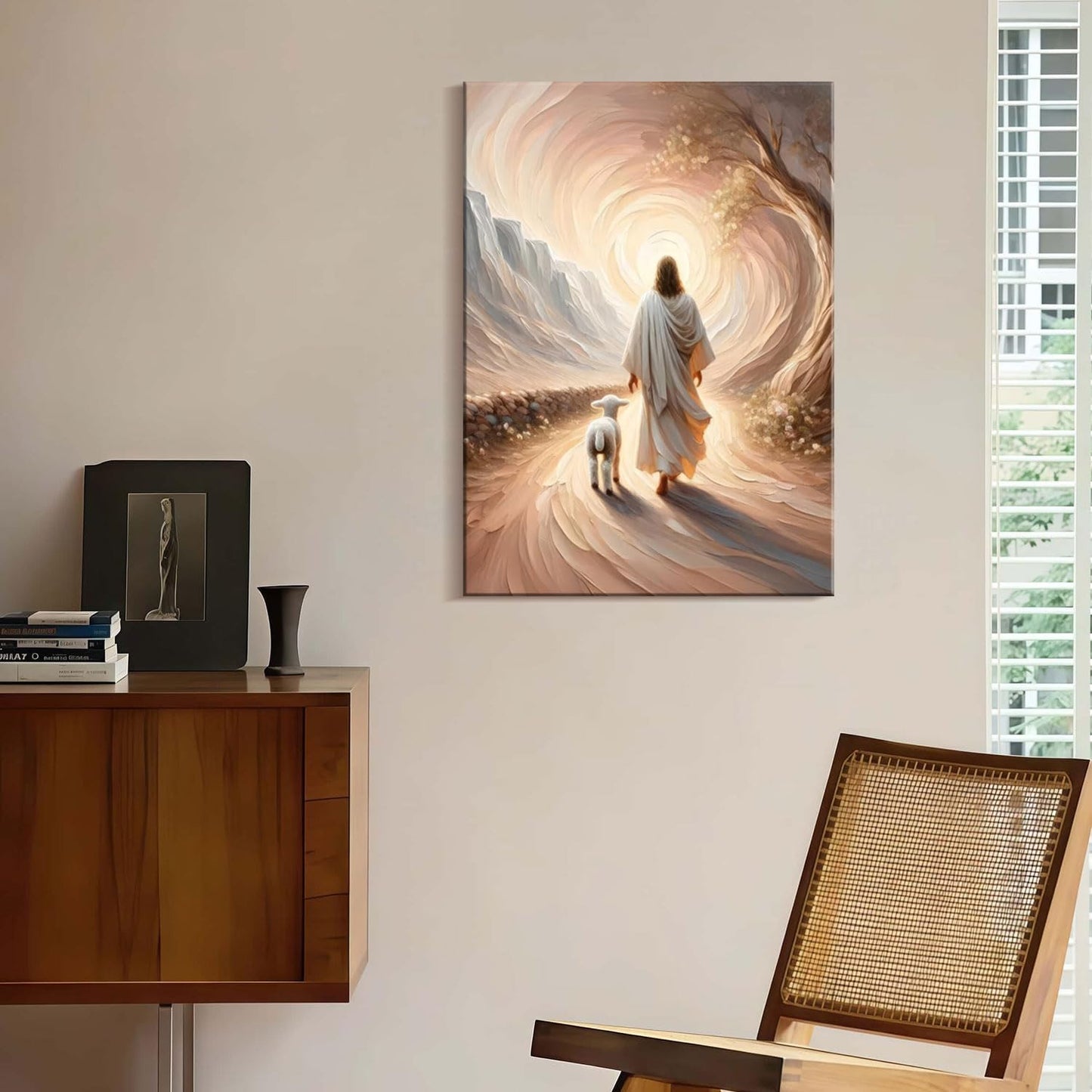 Framed Canvas Jesus and Lamb Wall Decor Wall Art Gallery Decoration Unique Print Wall Decor for Living Room Bedroom Church Home Decor 12x16 Inch Ready to Hang