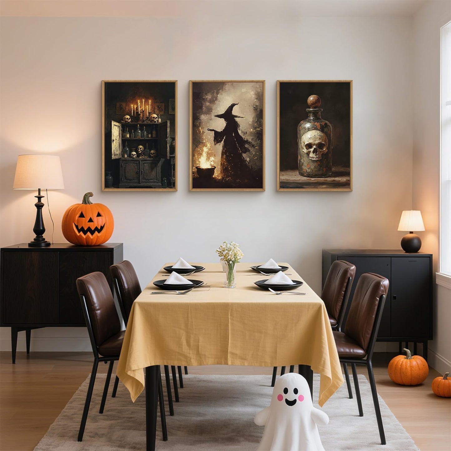 HPNIUB Halloween Witch Framed Canvas Wall Art Set, Terrifying Skeleton Poster Artwork, Vintage Halloween Wall Decor, Dark Academia Gothic Pictures for Bedroom Living Room Bathroom Party-16 x24 x3