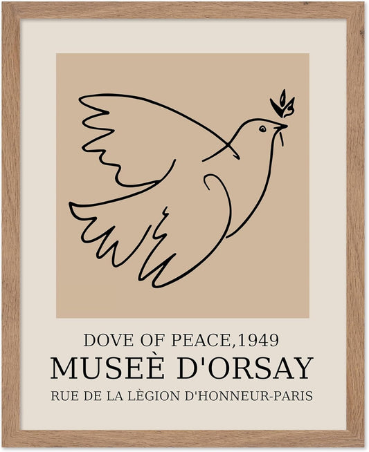 Poster Master Vintage Poster - Retro Minimalist Print - Gift for Artist, Friend - Dove Of Peace, Line Drawing, Sketch, Abstract - Wall Decor for Living Room, Bedroom, 16x20 Beige Framed
