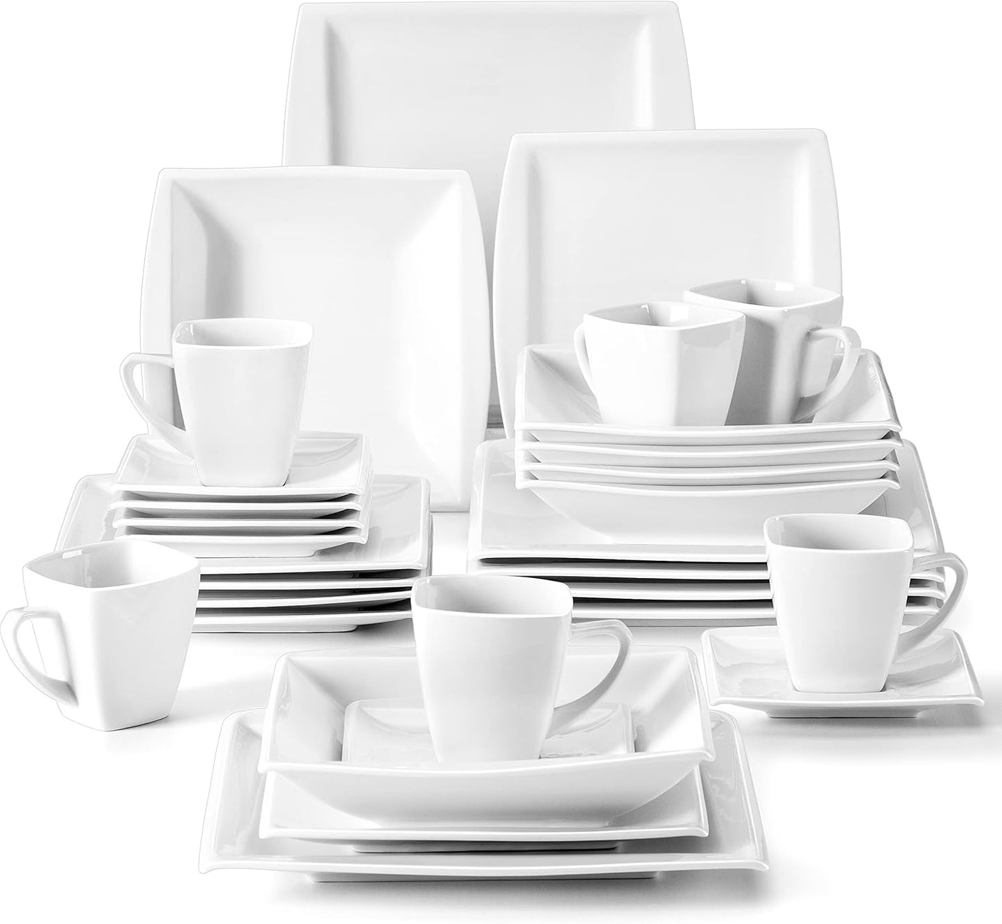 MALACASA Plates and Bowls Sets, Square Dinnerware Sets for 6 (30pcs), Series Blance