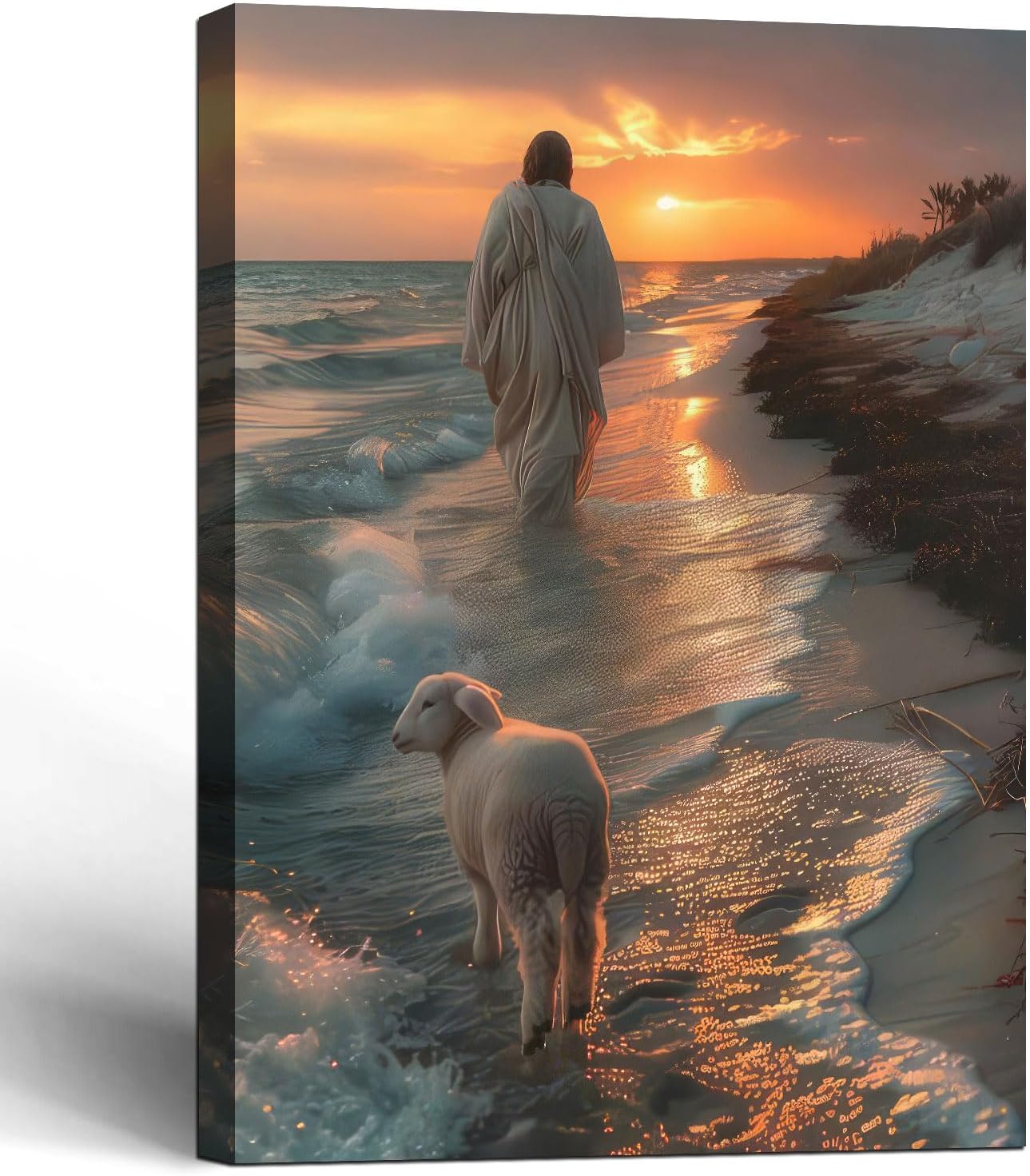Framed Canvas Jesus and the Lamb Walking on the Beach Wall Decor Wall Art Gallery Decor Unique Print Wall Decor for Living Room Bedroom Church Home Decor 24x36 Inch Ready to Hang