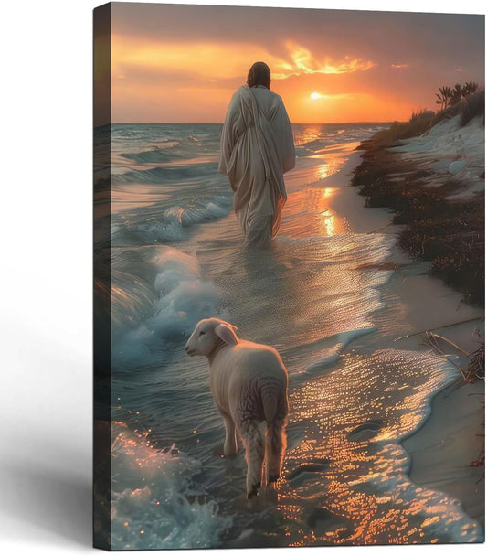 Framed Canvas Jesus and the Lamb Walking on the Beach Wall Decor Wall Art Gallery Decor Unique Print Wall Decor for Living Room Bedroom Church Home Decor 12x16 Inch Ready to Hang
