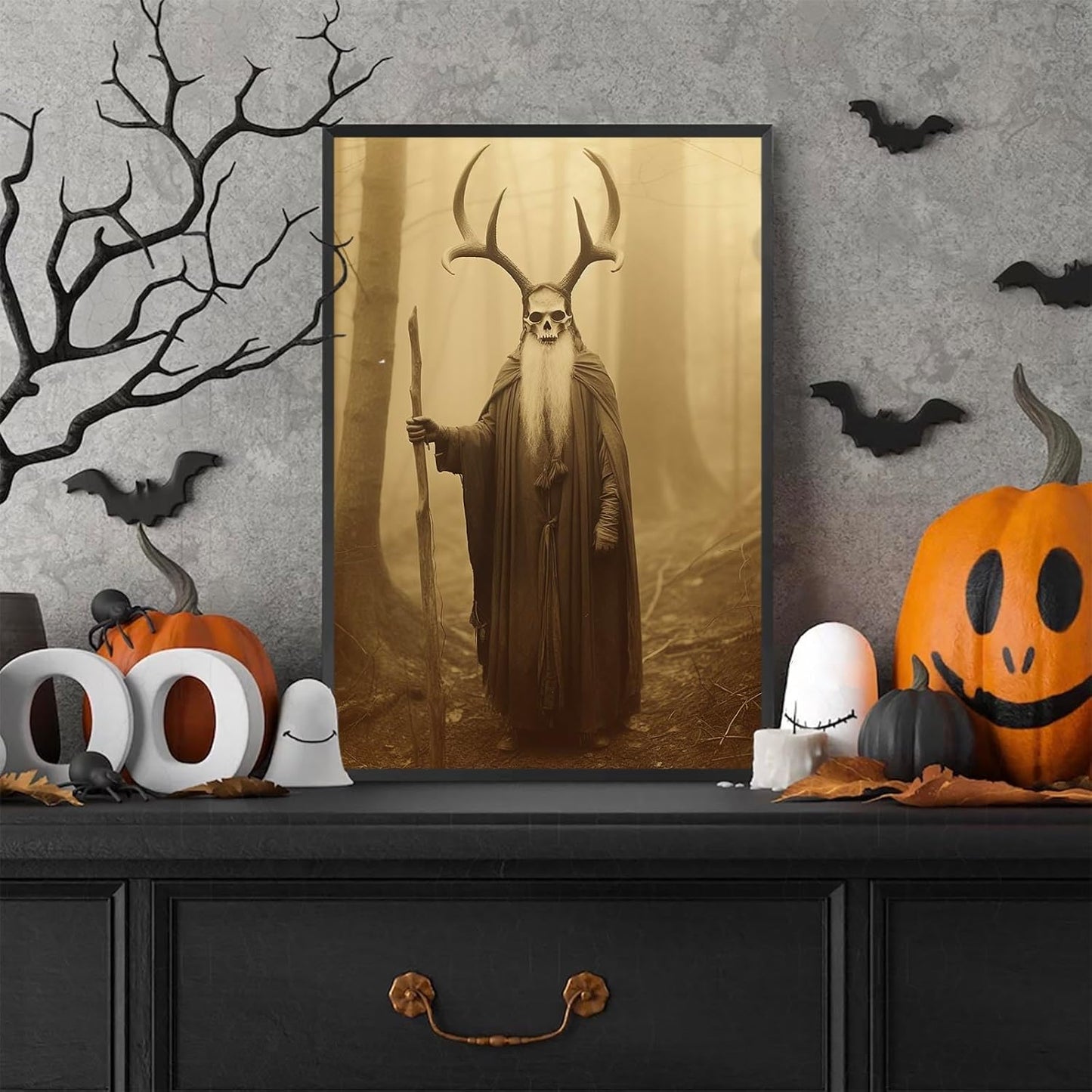 Skeleton Halloween Decor Occult Druid of the Forest Poster Canvas Wall Art Vintage Spooky Print Gothic Room Decor Dark Academia Decorations Bedroom Creepy Skull Picture 12X16inch Aluminum Framed