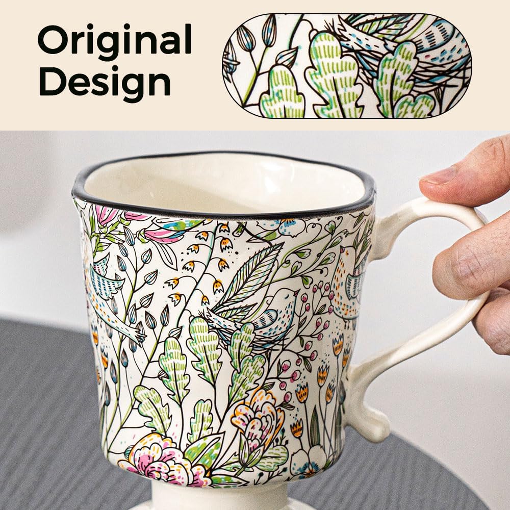 360ml -12.17oz Painted Garden floral Ceramic Mug - Cute Espresso Latte Shot Cup - Gift for Women, Dishwasher Safe