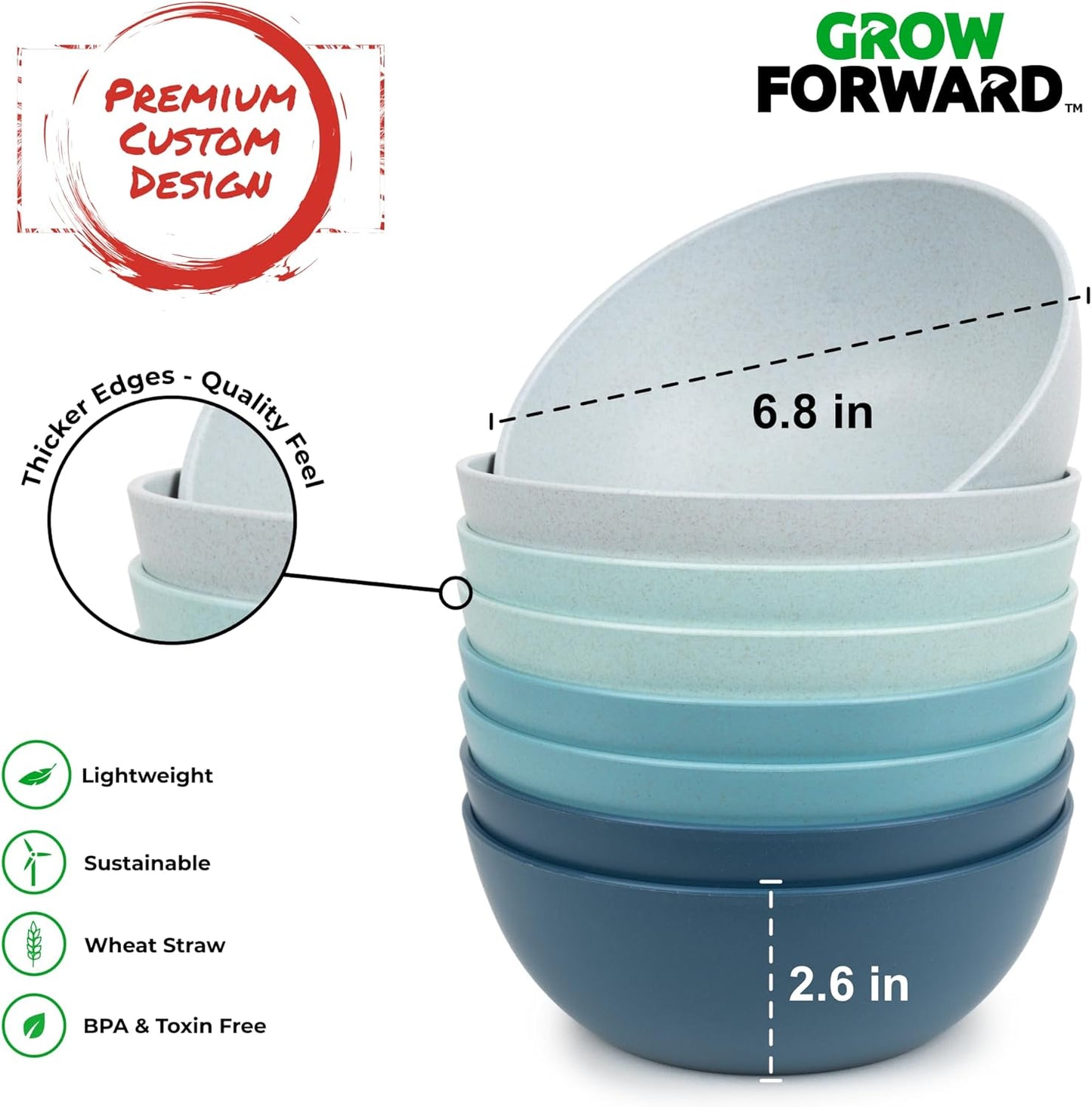 Grow Forward Premium Wheat Straw Bowls - 34oz Microwave Safe Plastic Cereal Bowls Set of 8 for Kitchen, Camping, RV, Dessert, Snack, Soup, Salad, Fruit - Reusable, Unbreakable & BPA Free - Seascape