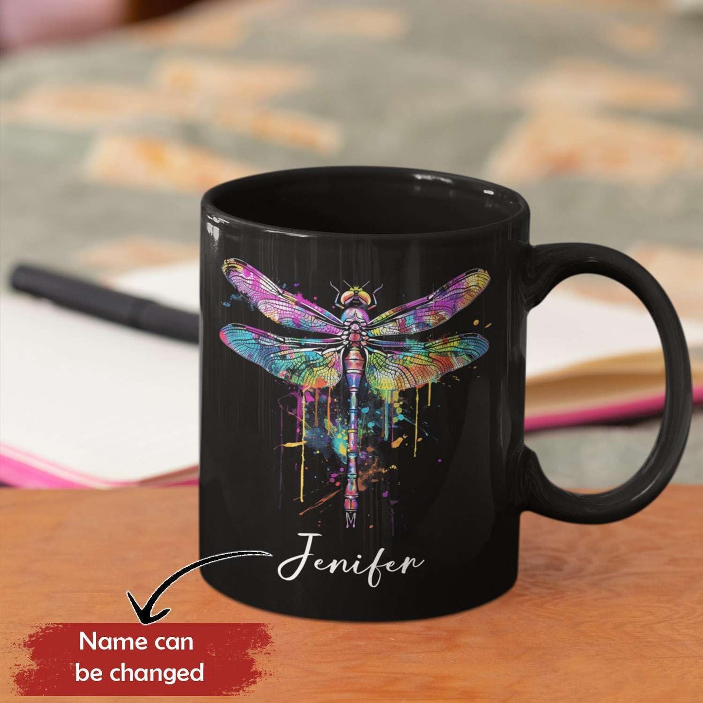 Colorful Dragonfly Ceramic Cup - Personalized Name Coffee Mug for Birthday, Gift for Son Daughter, Customized Black Animal Mug, Dragonfly Lover Cup 11oz 15oz