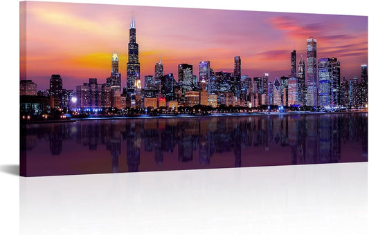 Fochorlo Large Chicago Canvas Modern City Skyline Wall Art Downtown Night Picture Prints Ready To Hang 20"X48"
