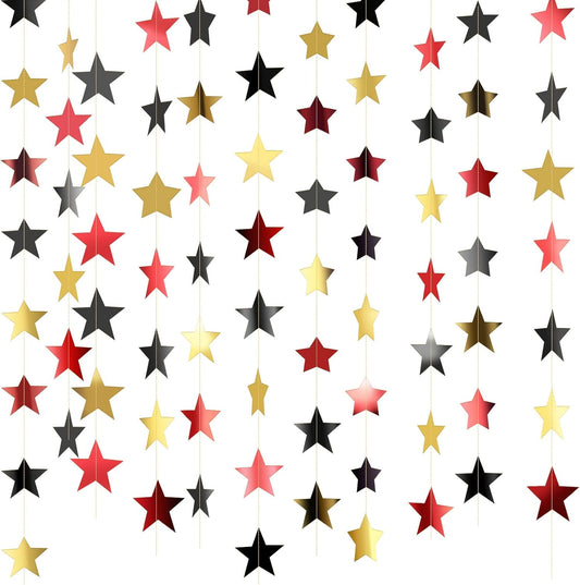 Patelai Glitter Star Garland Banner Decor 130 Feet Star Hanging Bunting Banner Twinkle Backdrop for Homecoming Classroom Wedding Birthday Halloween Christmas Party Supplies(Red, Black, Gold)