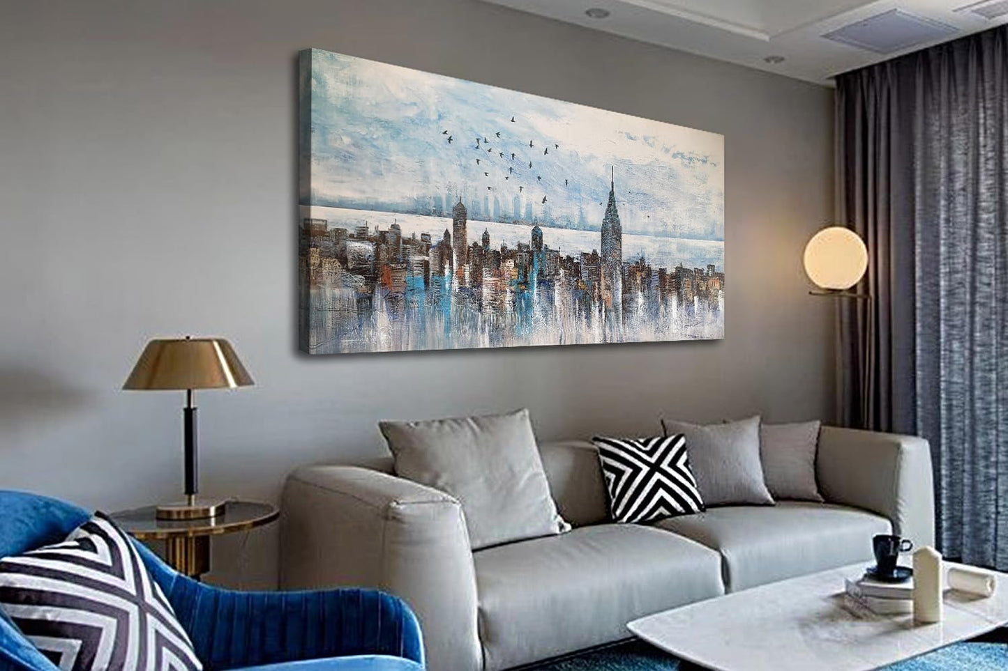 Arjun Cityscape Wall Art New York City Skyline Buildings Picture Modern Abstract Grey NYC Skyline Birds City View Painting Framed Artwork for Bedroom Living Room Home Office Decor Extra Large 58"x29"