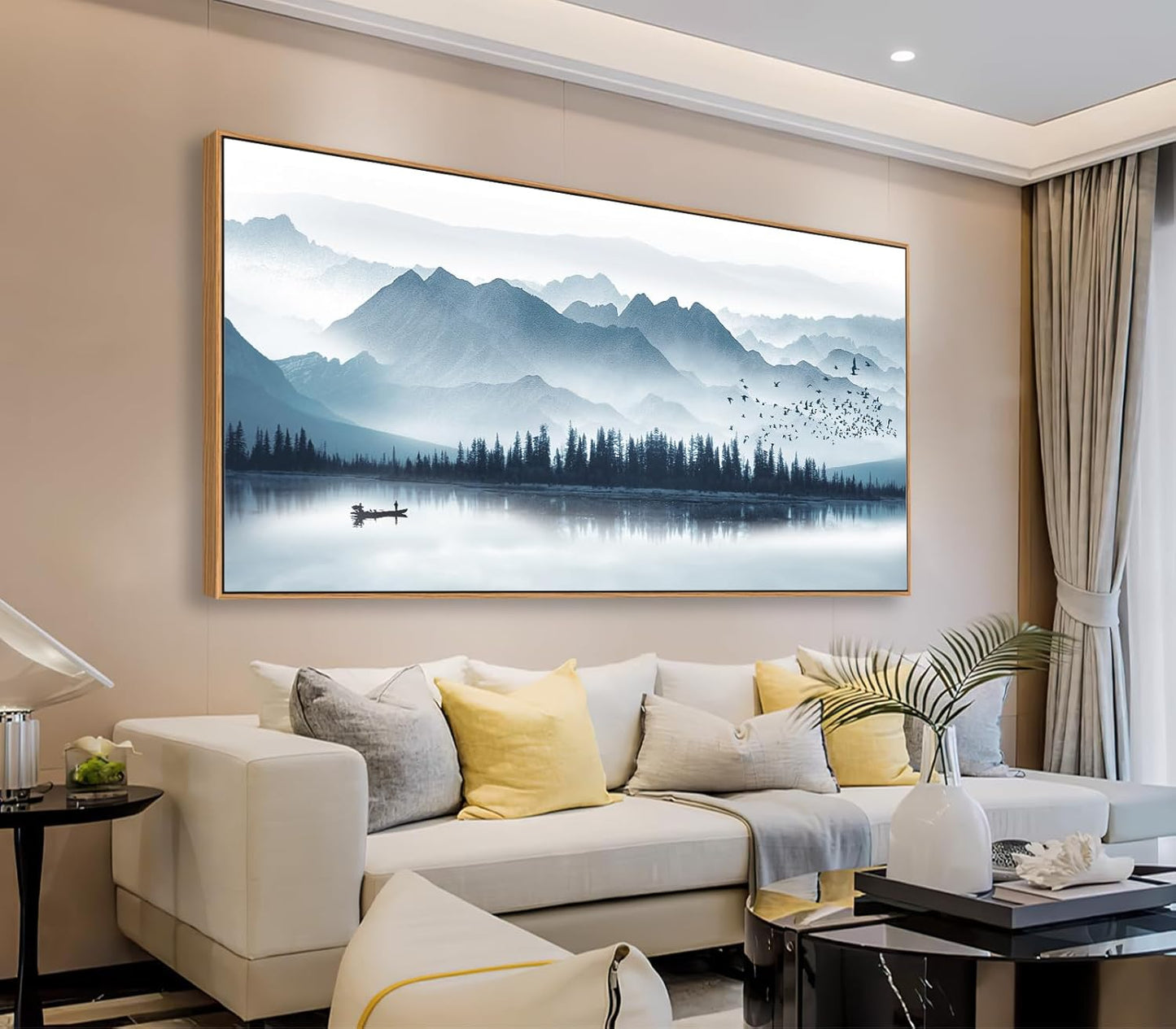 Indigo Framed Canvas Wall Art Misty Mountain Wall Pictures Foggy Lake Boat Canvas Painting Prints Forest Birds Canvas Wall Decor for Living Room Bedroom Decorations Natural Framed 24" x 48"