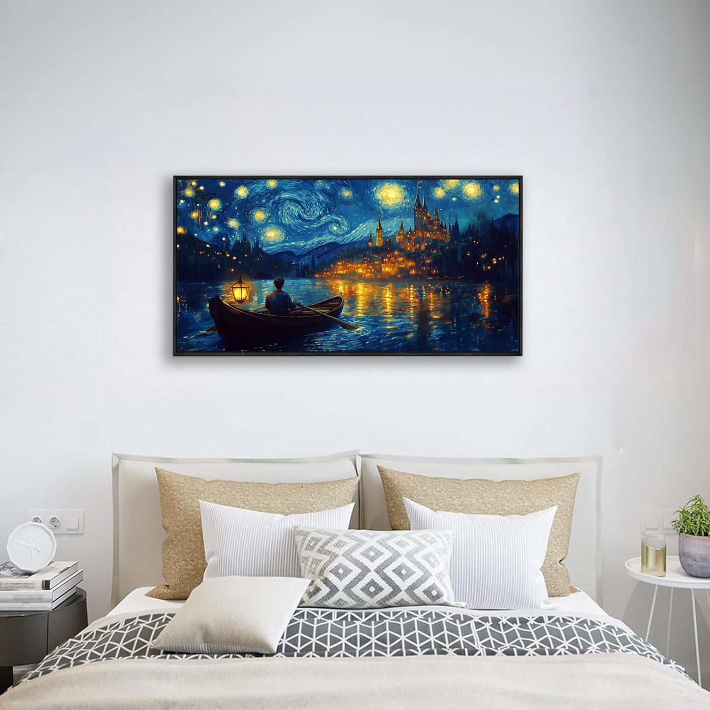 Wall Art Canvas Print Starry Night Over the Rhone by Van Gogh 20 x 40 inches Framed Home Artwork Decor Canvas Art Painting Living Room for Bedroom Office Wall Decor