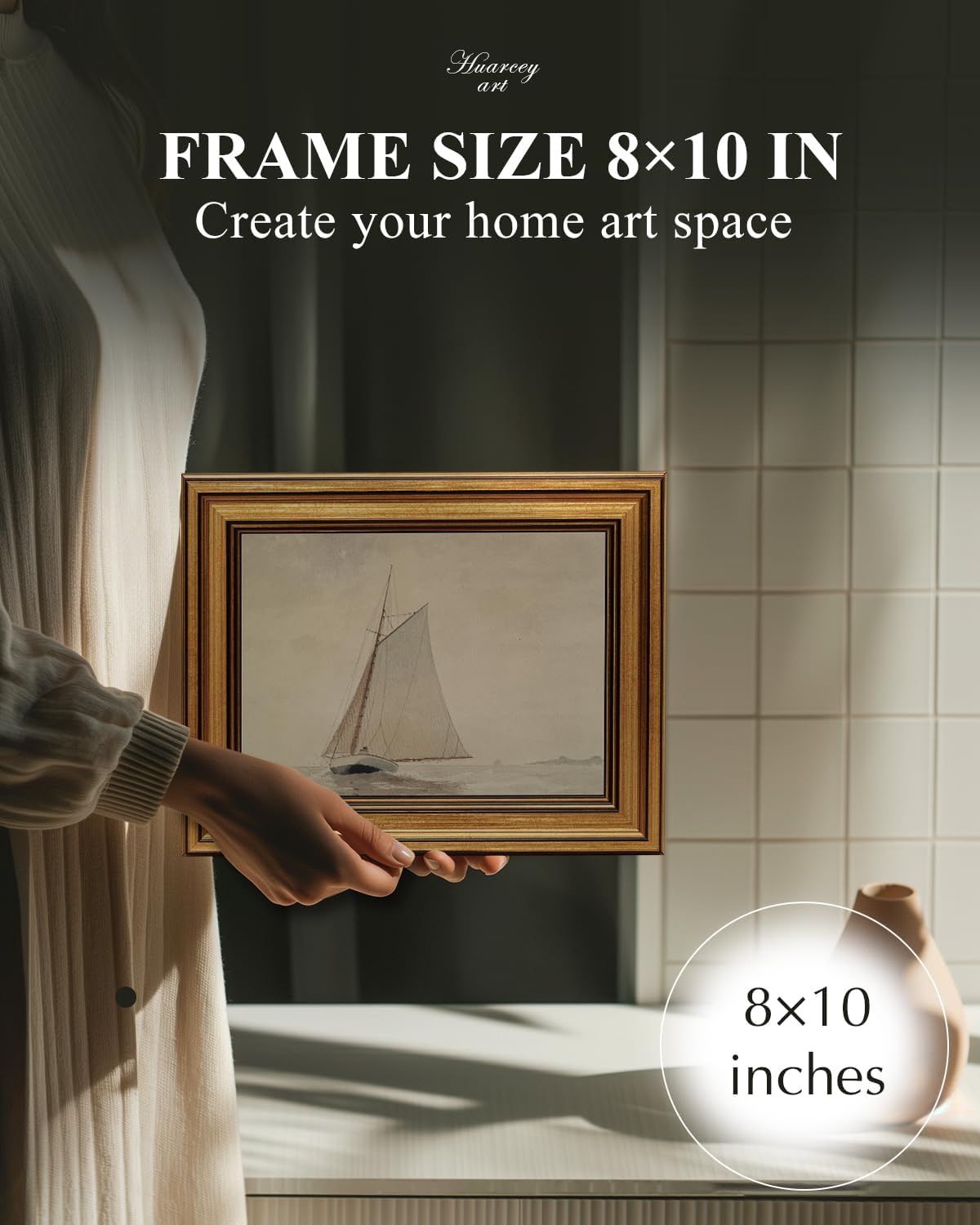 Gold Framed Vintage Wall Art for Living Room, Seaview Painting Prints Shelf Decor for Kitchen, Aesthetic Bedroom Wall Art, Christmas Gifts for Friends or Family (White Sailboat - 8"x10")