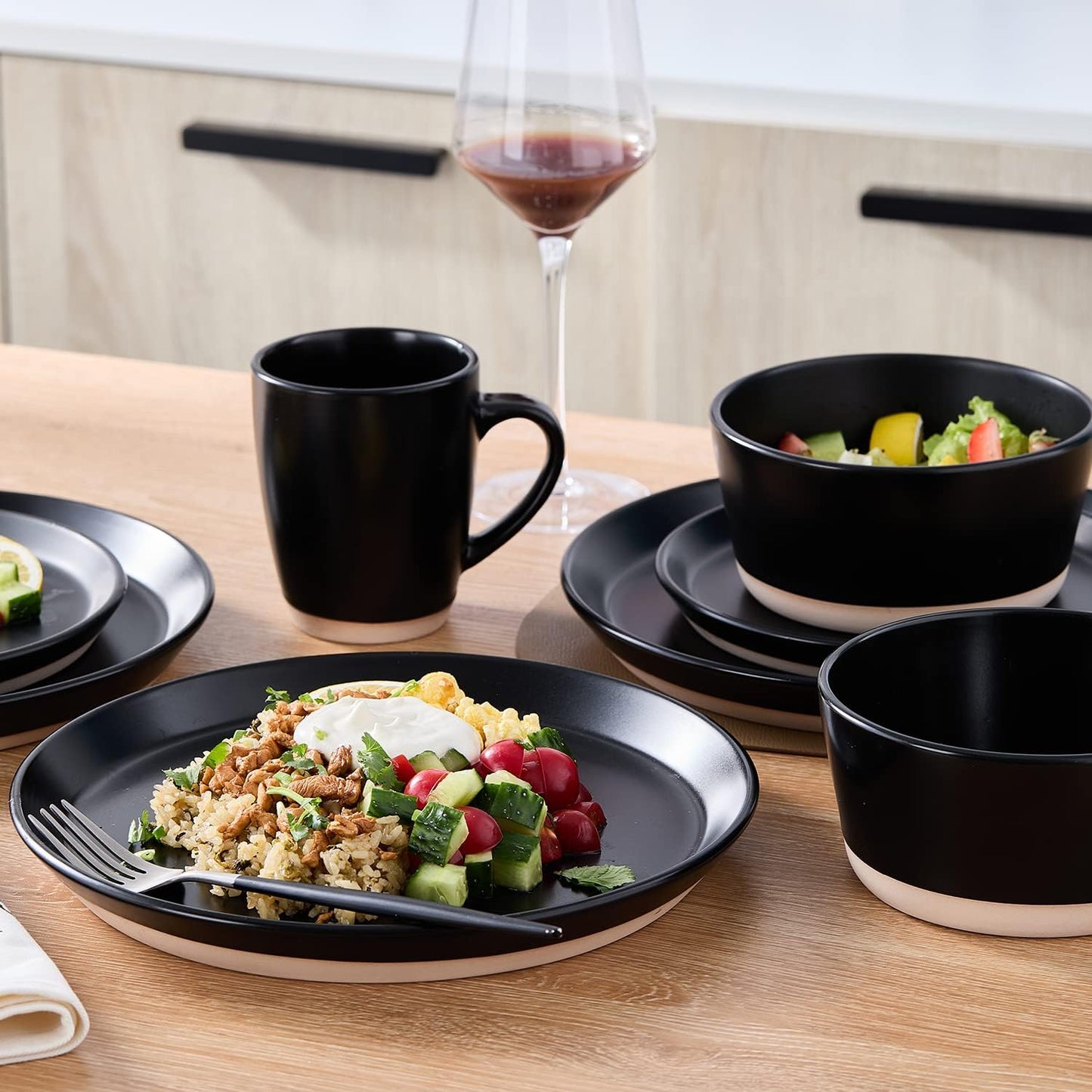 Stone Lain Jules Modern Stoneware 16-piece Round Black Dinnerware Set, Plates and Bowls Sets, Dish Set for 4, Black