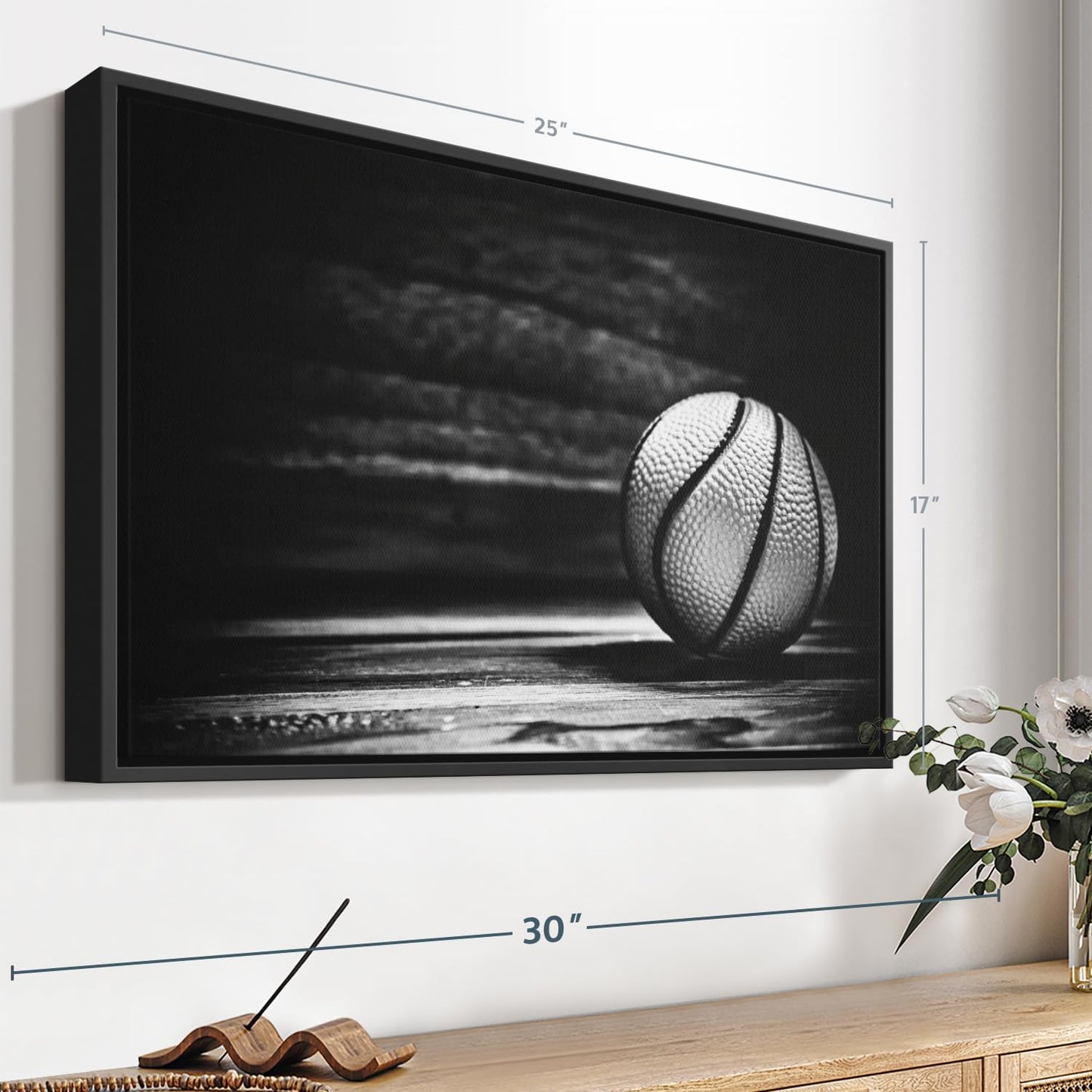 ElephantStock Basketball Wall Art - Horizontal Framed Canvas - 1-Piece Hallway Wall Decor - Photography sports Canvas Print - Black and Gray Decor for Wall - 25" X 17"