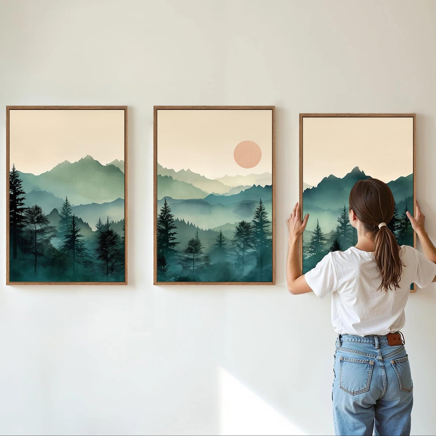 SIGNINART Large Boho Mountain Framed Canvas Wall Art Set, Nature Pine Tree Wall Painting, Abstract Foggy Forest Wall Decor, Modern Sunrise Art Prints for Bedroom Living Room and Office - 16"x24"x3