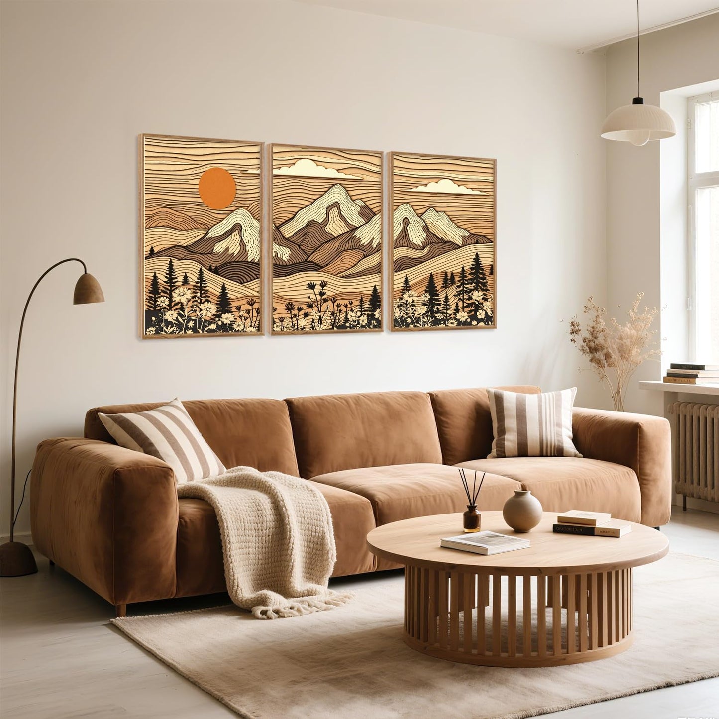 HPNIUB Mountain Framed Canvas Wall Art, Vintage Pine Tree Wall Decor, Country Wilderness Forest Wildflower Painting, Modern Nature Sun Art Prints for Living Room,Bedroom,Farmhouse- 16"x24"x3