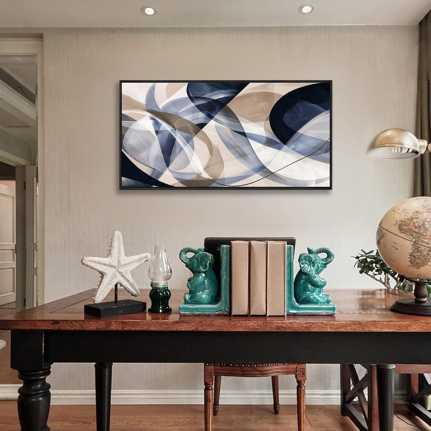 Modern Geometric Abstract Canvas Wall Art 48 x 24 inches Navy Blue and Beige Tones Canvas Painting Framed Home Artwork Living Room Decor for Bedroom Office Wall Decor