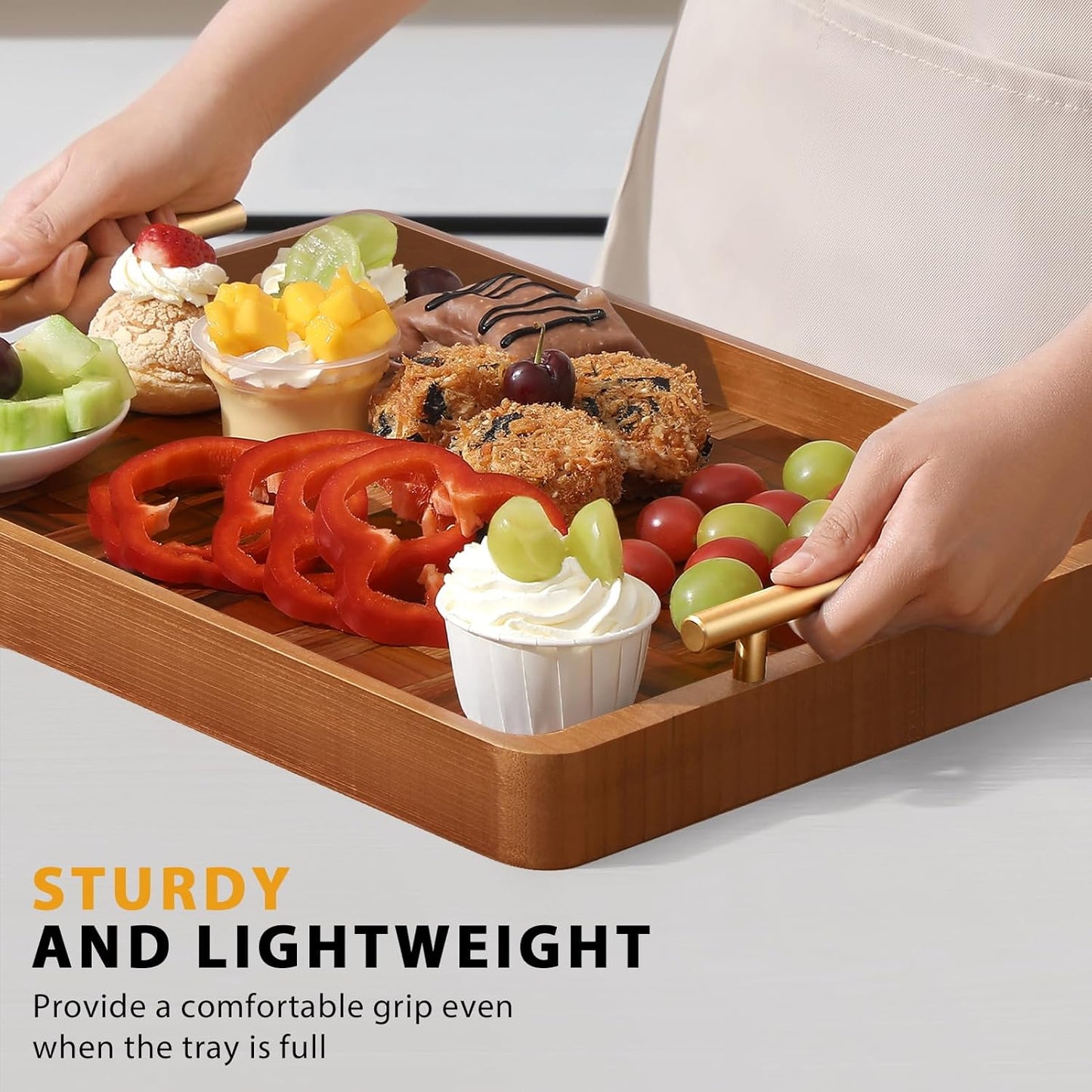 Wooden Serving Tray with Handles Mat, Decorative Coffee Table Trays, Wood Ottoman Tray for Serving Food Drink Breakfast Dinner,1 Pcs