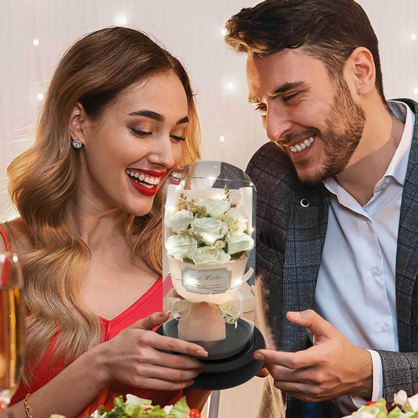 Gift for Her Forever Flower Bouquet for Delivery Prime Preserved White Roses Glass Dome LED Light 100 Languages I LOVE YOU Necklace Mothers Day Birthday Romantic Valentines Gift for Wife Women Mom