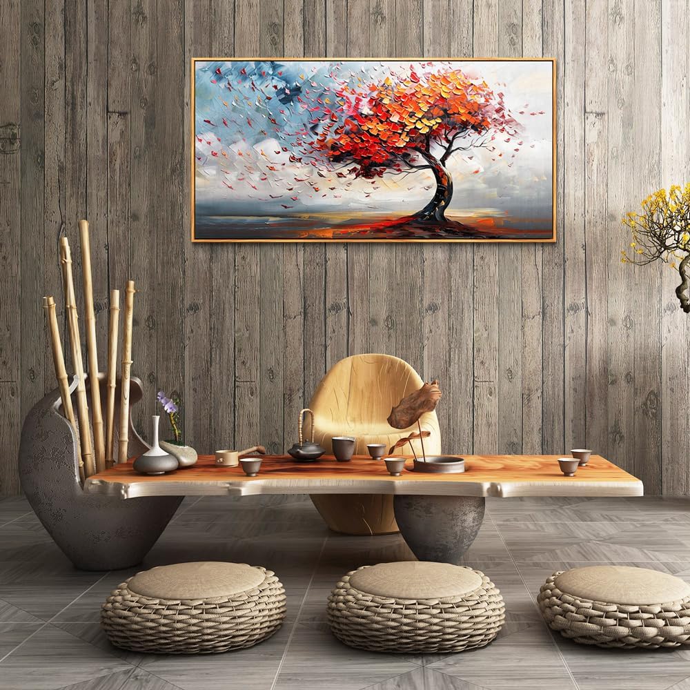 hyidecorart Wood Framed Prints Textured Pictures Abstract Wall Decor For Living Room Canvas Wall Art For Office Bedroom Decor Tree Panoramic Landscape Wall Paintings Artwork Modern Hotel Decoration