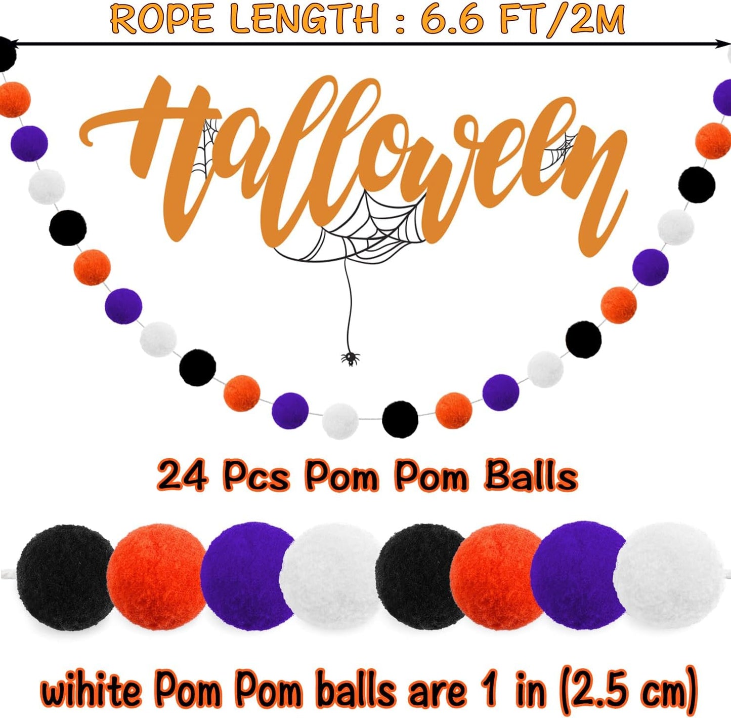 Jishi Fall Event Garlands, 3pk Orange Black White Felt Pom Pom Garland, 6.6ft Long, 25mm 24 Balls, Halloween Thanksgiving Party Decor
