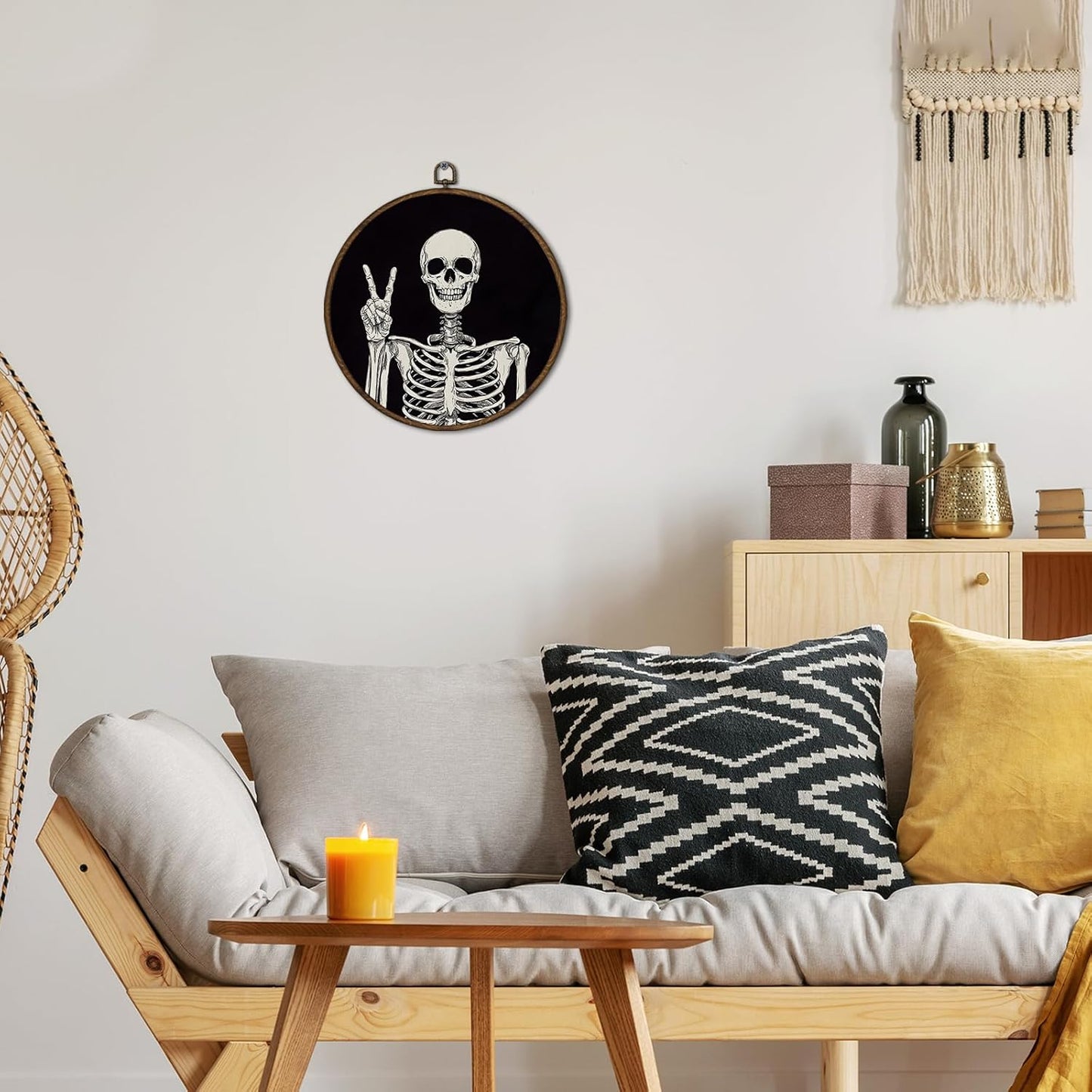 cvjutf Gothic Skeleton Wall Art Decor Framed, Dark Academia Decor, Witchy Halloween Round Wall Decor, Gothic Halloween Skull Canvas Prints Art for Gallery Bathroom Living Room, 10x10 Inch