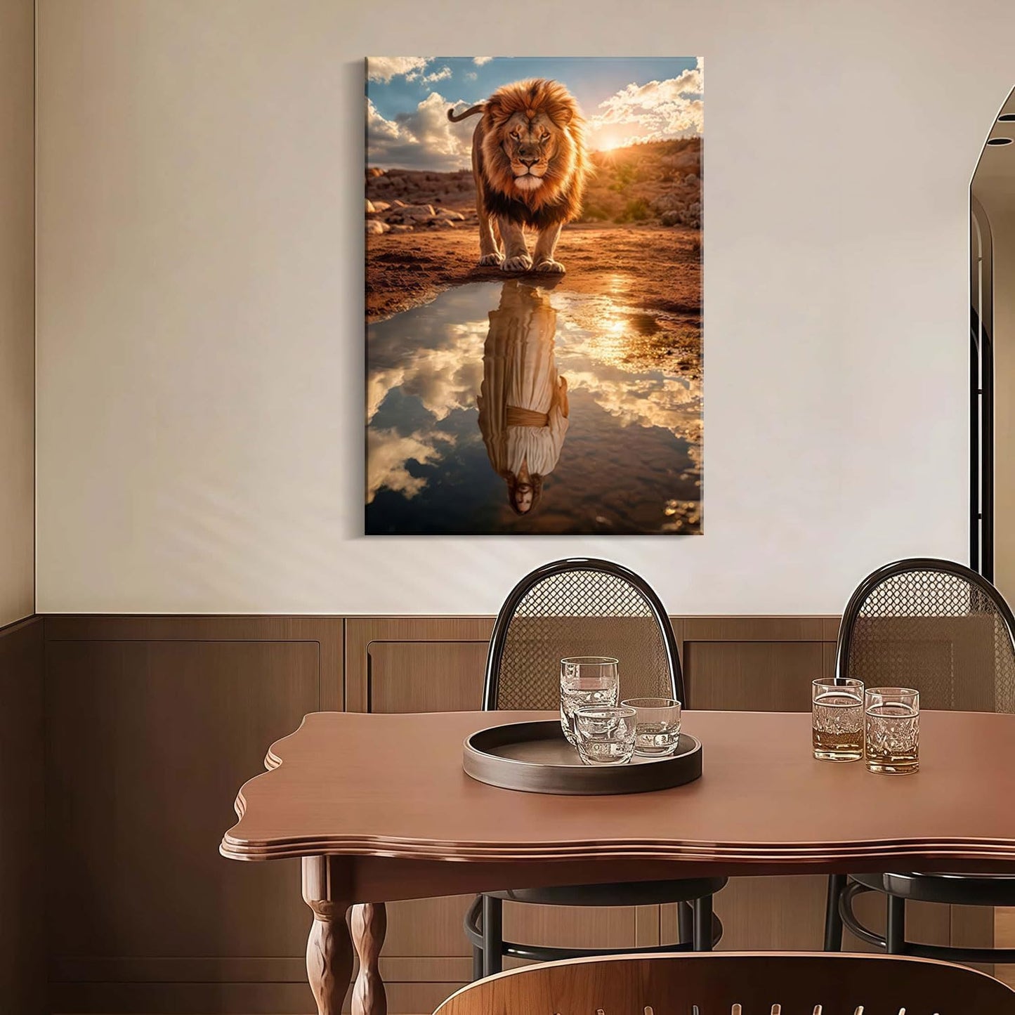 Framed Canvas Wall Painting Lion and Jesus Reflection Religious Poster Inspirational Faith Gallery Picture Print for Living Room and Bedroom Decor 24x36 Inch Ready to Hang