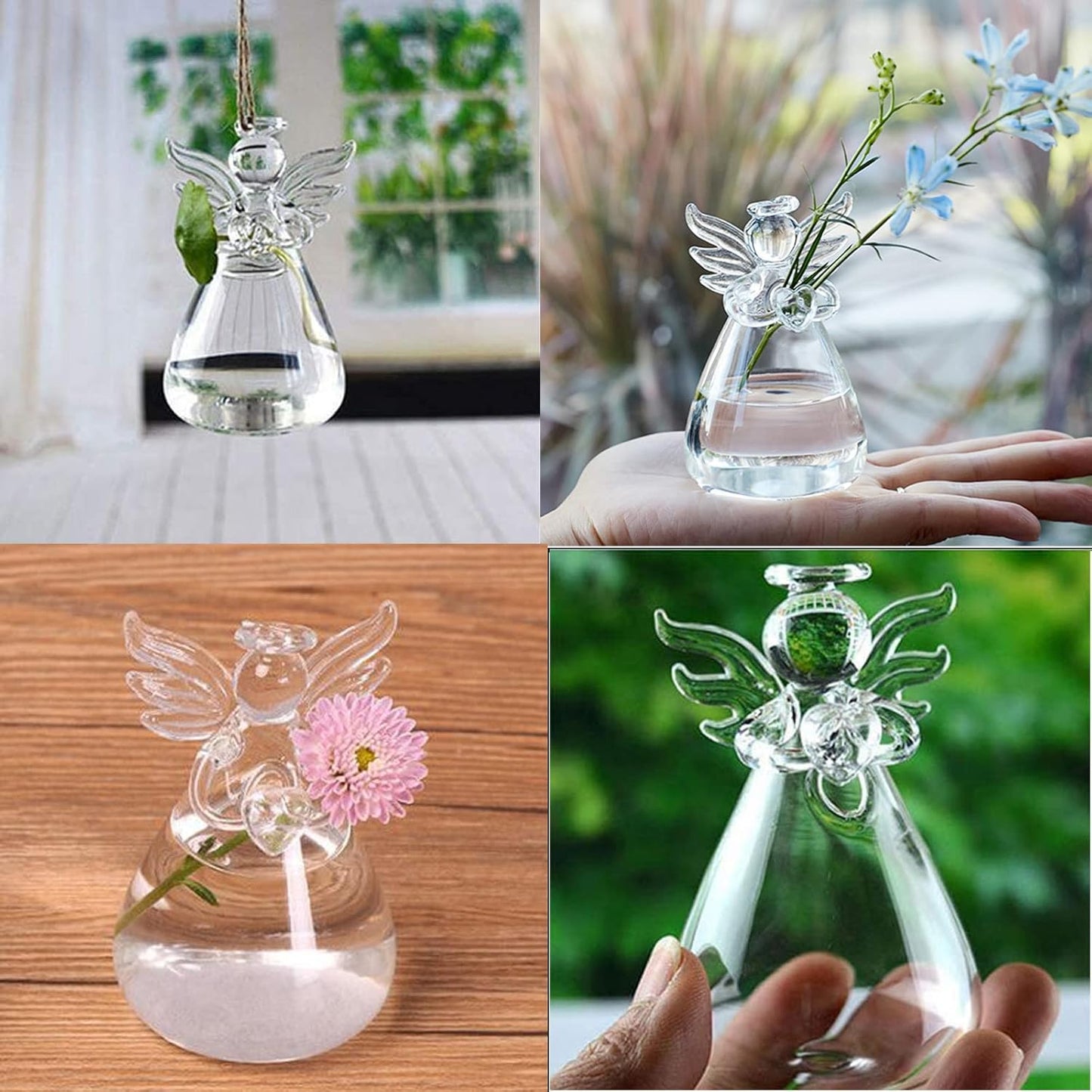 Angel Design Glass Vases Clear Flower Plant Terrarium Container Hanging Vase Wedding Decor Garden Ornaments Hanging Planter (Pack of 5)