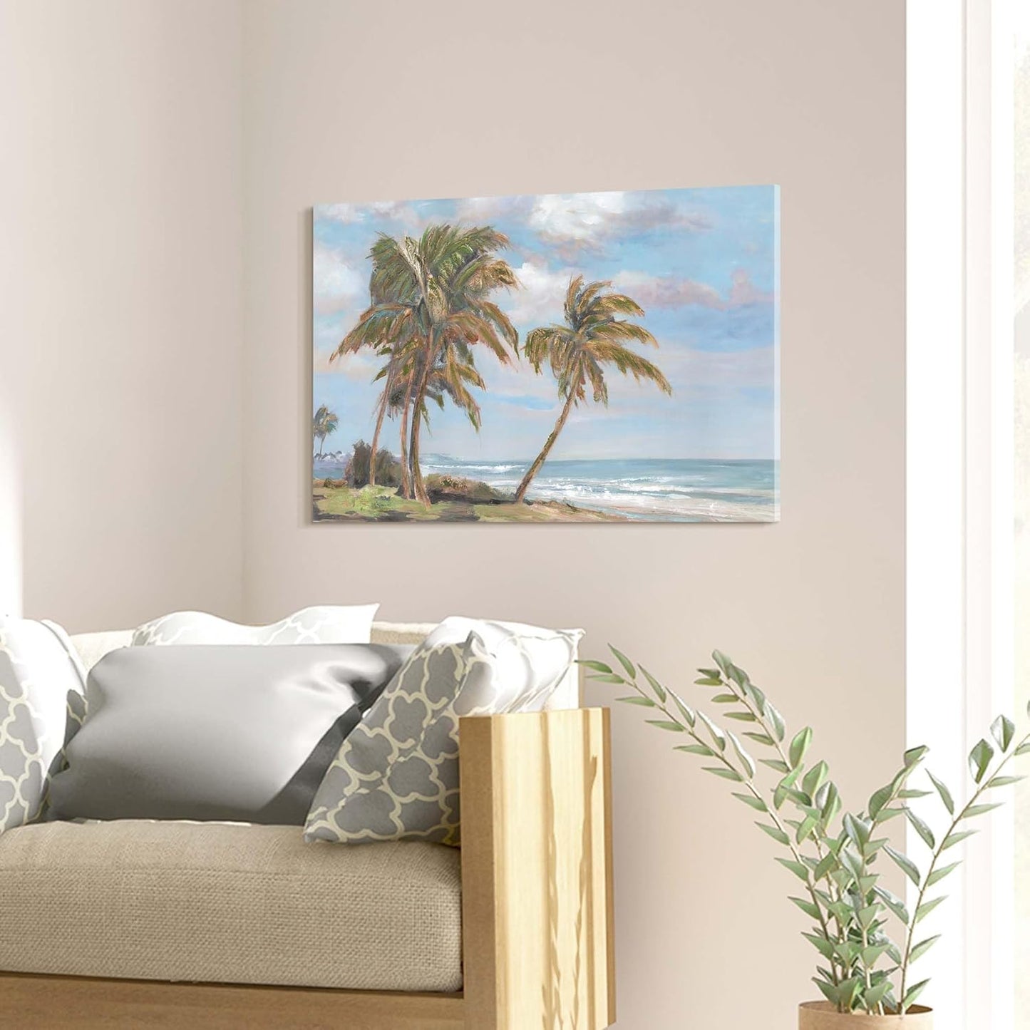cozy country Palm Tree Wall Art 36"x24" - Coastal Pictures Beach Canvas Ocean Decor - Nautical Artwork Seascape Hand Painting for Bedroom, Sea House