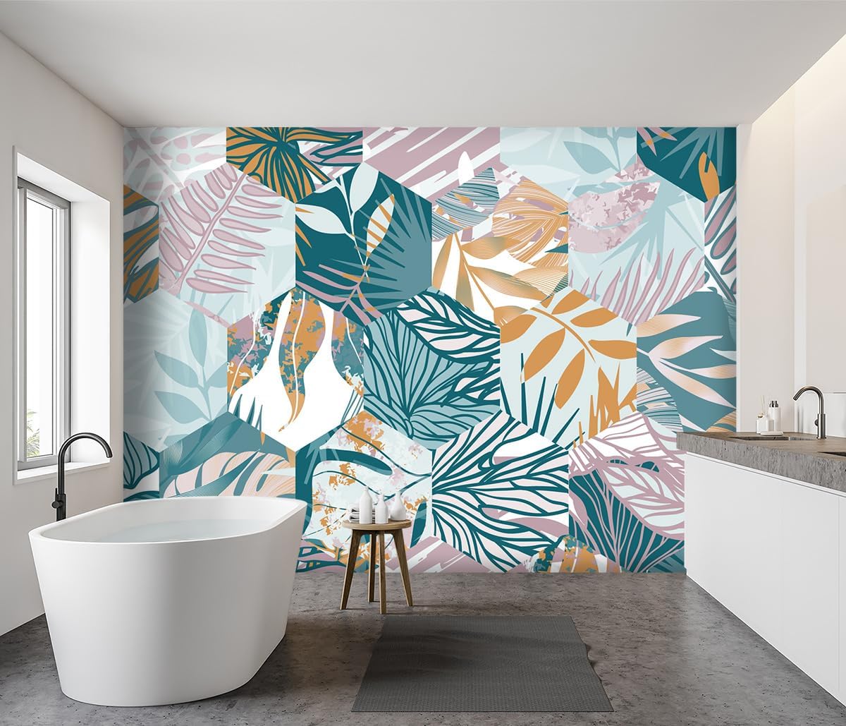 -Abstract Geometry Botanical Banana Leaf Fabric Wallpaper Living Room Bedroom Bathroom Tropical Plant Leaf Wall Mural- 91"x65"（ not Peel and Stick）