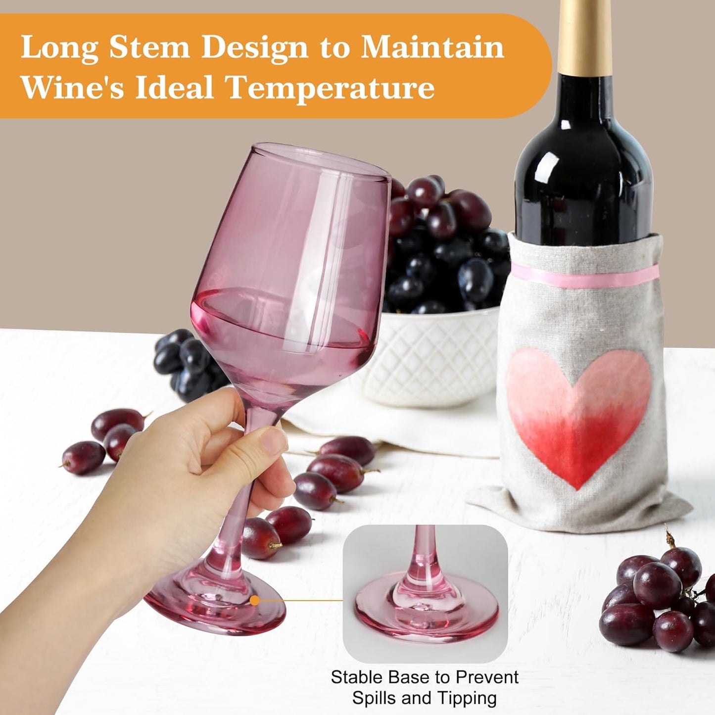 Pink Wine Glasses Set of 6-14oz Pink Long Stem Wine Glass, Pretty Crystal Glassware, Hand Blown Goblets Drinkware, Unique Stemware Wine Glass Holiday Gift Set for Women