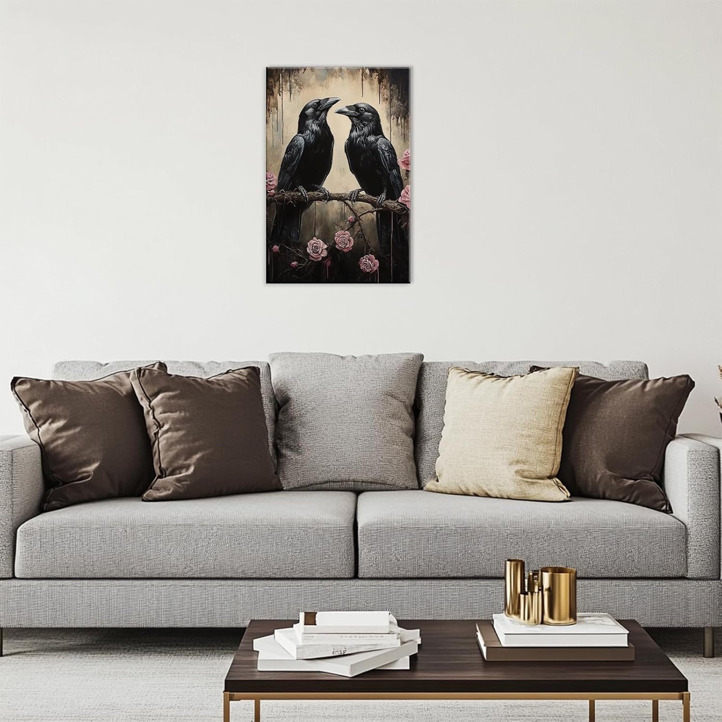 OAAPITI Crow Canvas Wall Art Black Raven Picture Print Pink Rose Poster Vintage Gothic Painting Artwork for Living Room Halloween Decor(Artwork-6,16"x24")