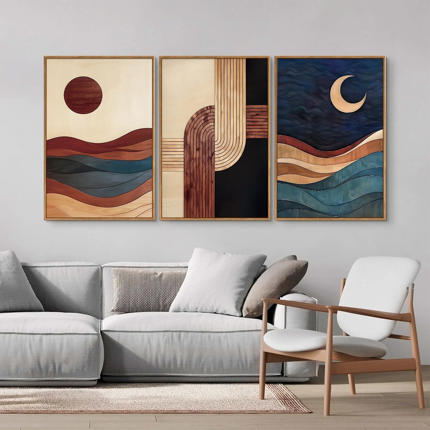 SIGNINART Boho Mid Century Modern Framed Canvas Wall Art, Bohemian Geometric Wall Decor, Abstract Sun and Moon Artwork,Beige and Black Wooden Art Paintings for Living Room Bedroom Office 16"x24"x3