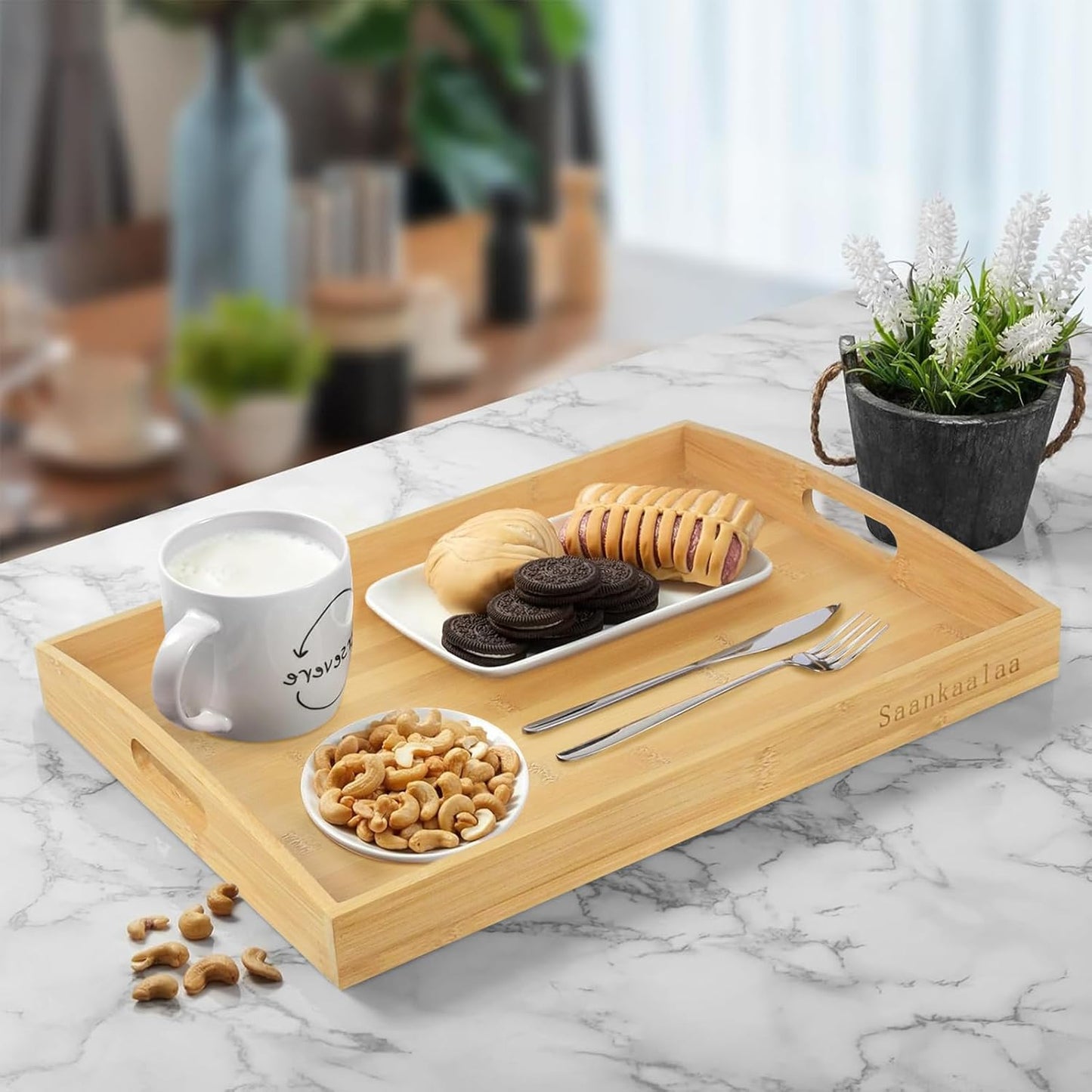 Bamboo Serving Tray Set of 2 Elegant for Coffee, Eating or Decor - Large and Small Rectangle Serving Trays with Handles - Wood Serving Tray Suitable for Home, Kitchen and Outdoor