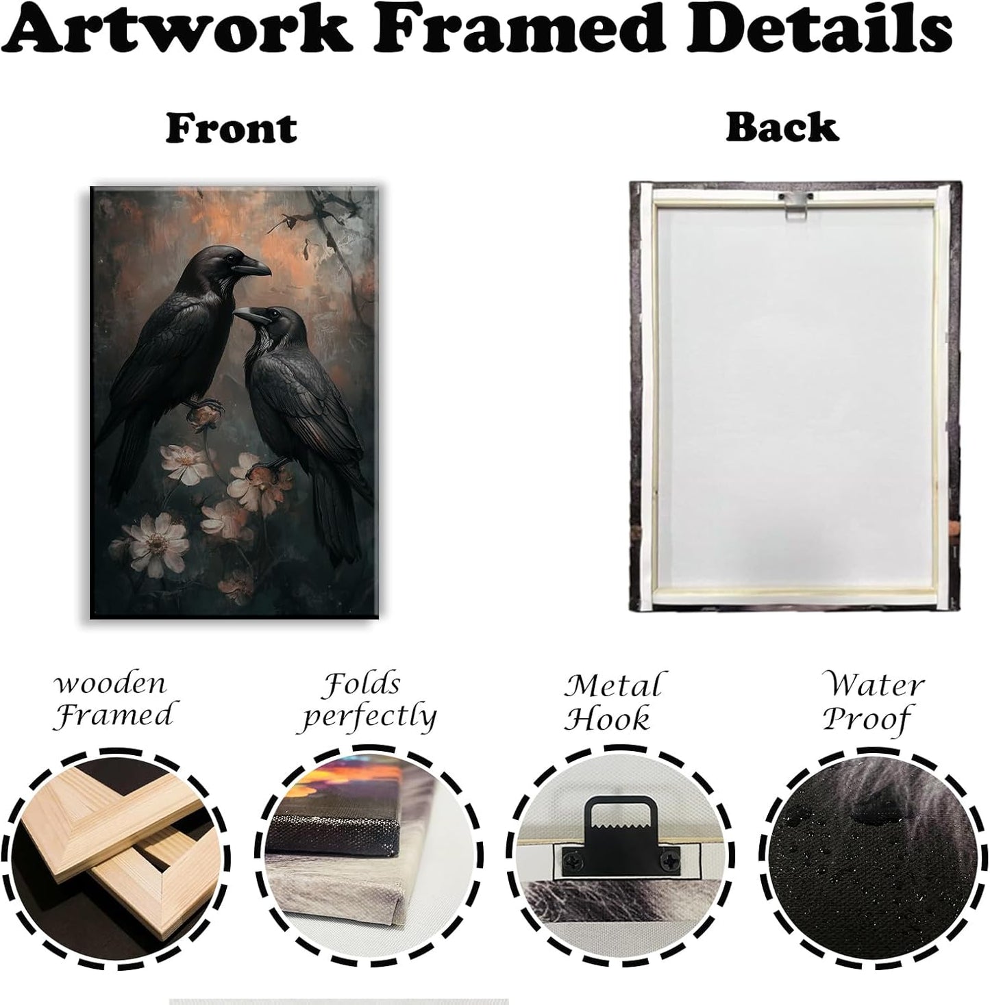 OAAPITI Birds Canvas Wall Art Black Couple Crow Picture Print Vintage Gothic Raven Artwork for Living Room Halloween Home Wall Decor(Artwork-7,20"x30")