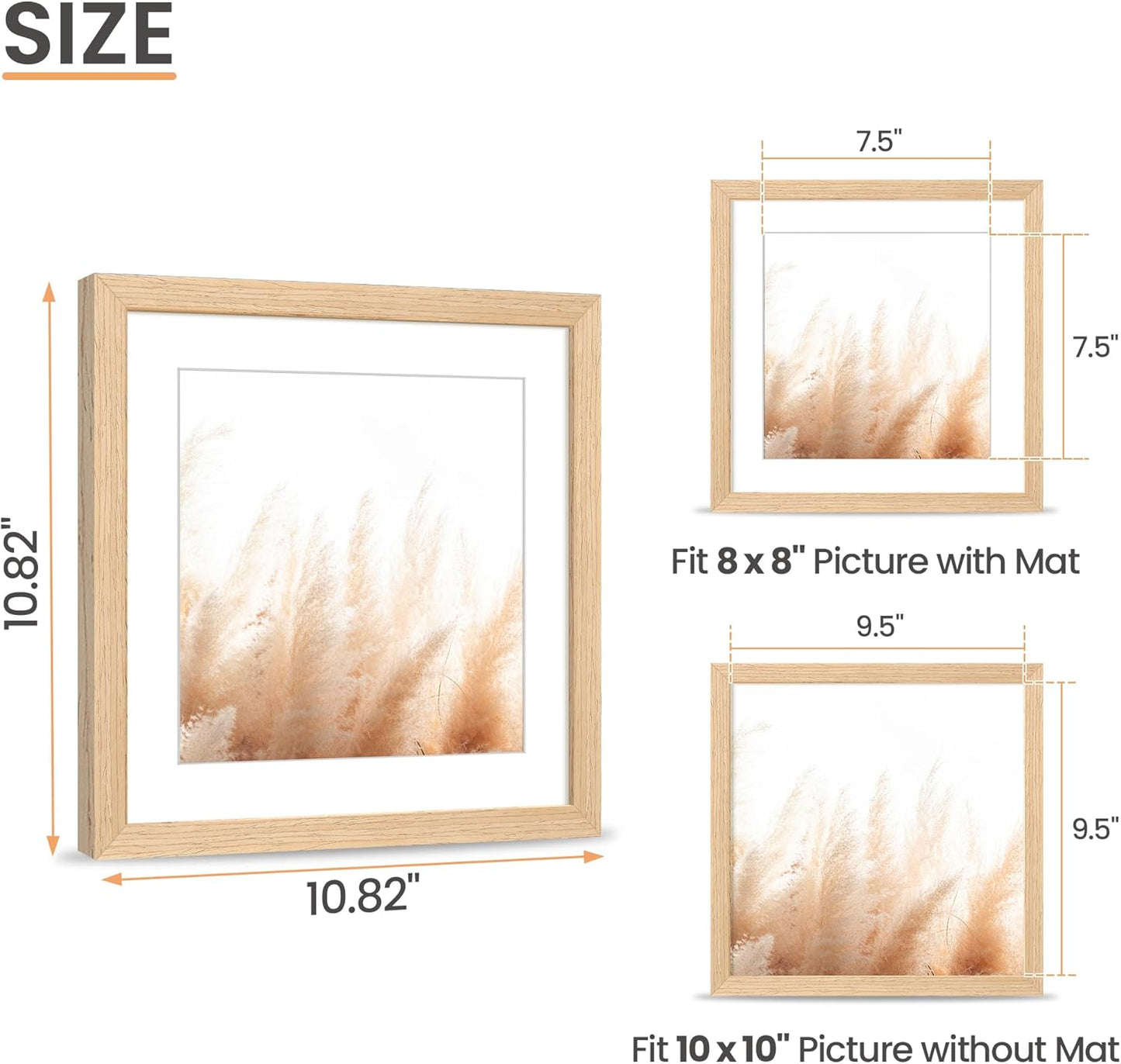 upsimples 10x10 Frame, Natural Solid Wooden Picture Frames, Display 8x8 with Mat or 10 x 10 Without Mat, Wall or Tabletop, 1 Pack, Natural