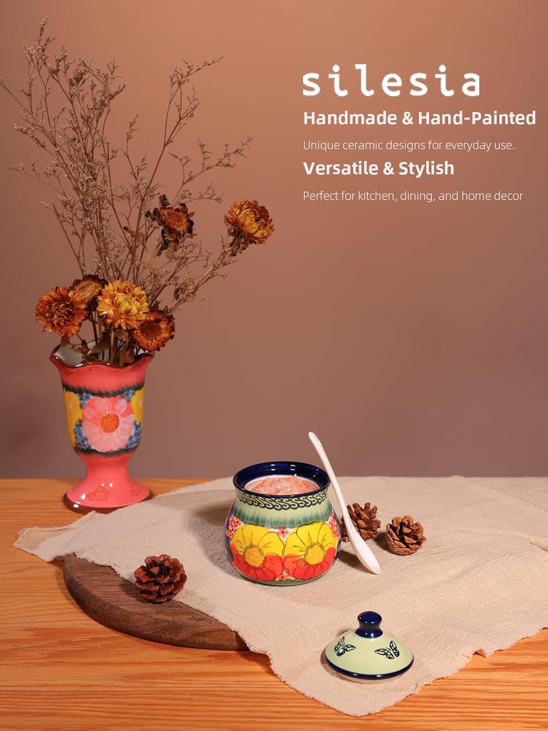 silesia Handmade Sugar Bowl with Lid and Spoon, 9 Ounce Ceramic Hand-Painted Sugar Jar for Home in Gift Box, Kitchen Decor, Oven, Dishwasher & Microwave Safe, Glazed Green