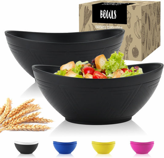 Big Wheat Straw Bowls,Large Salad Bowls Set of 2,Dishwasher and Microware Safe Plastic Bowls Reusable,Eating bowls for Cereal,Salad,Fruit,Snack. Black