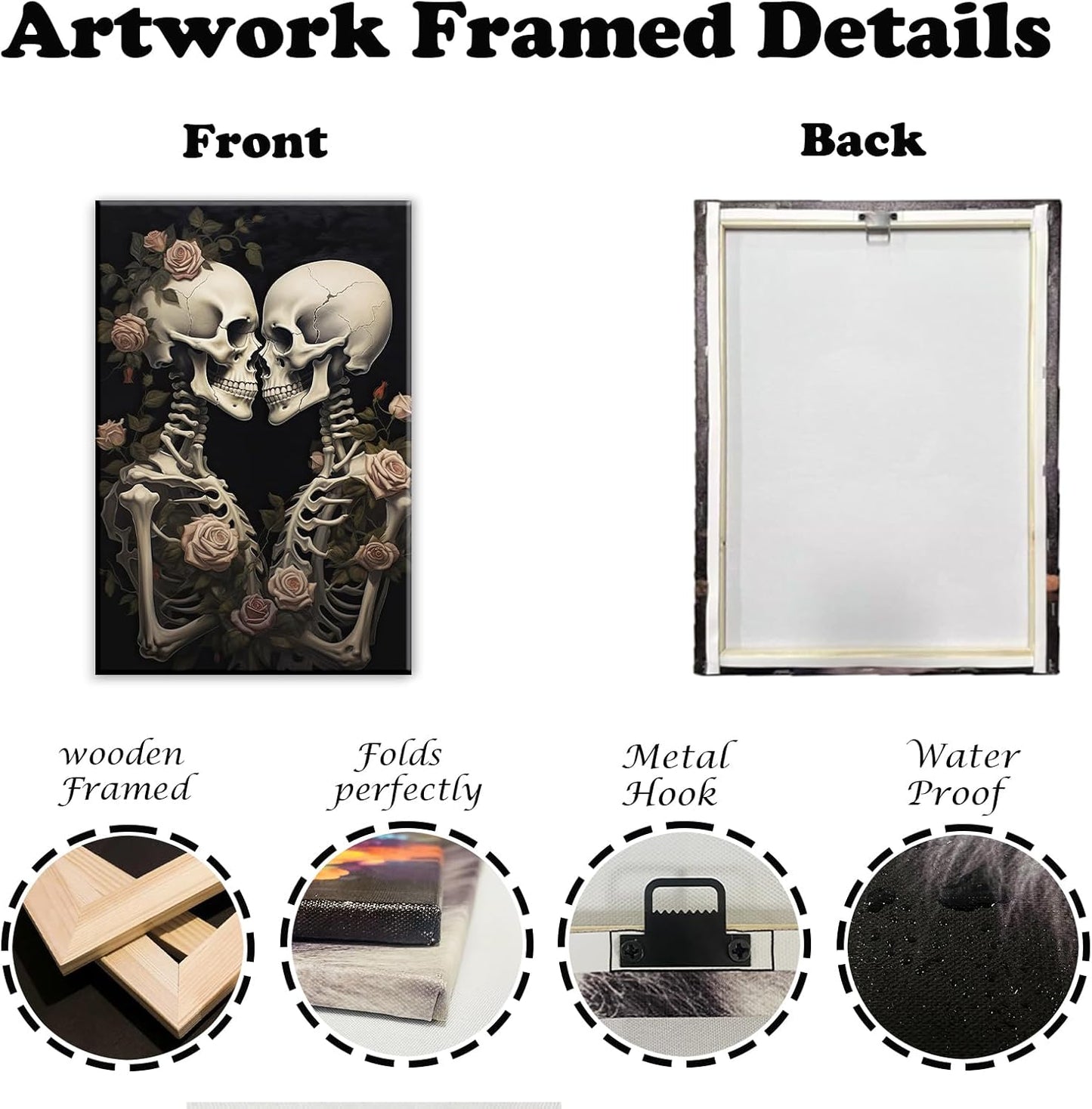 OAAPITI Vintage Skeleton Canvas Wall Art Gothic Painting Artwork Retro Rose Skull Art Poster Abstract Romantic Theme Picture Halloween Living Room Decor(Artwork-4,16"x24")