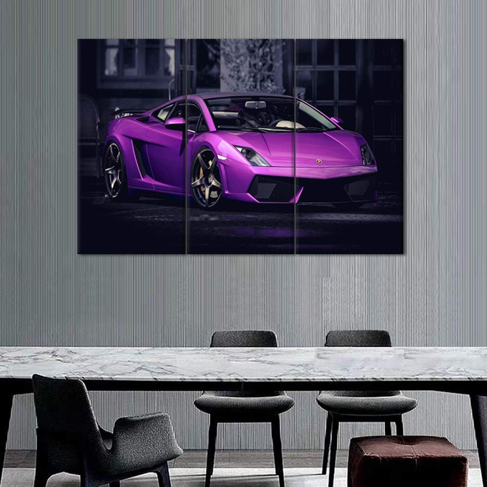 TUMOVO 3 Pieces Purple Sports Car Wall Art Picture Home Decoration Living Room Canvas Print Painting Wall Picture on Canvas with Frame Ready to Hang - 28 x 14inch x 3 Panel