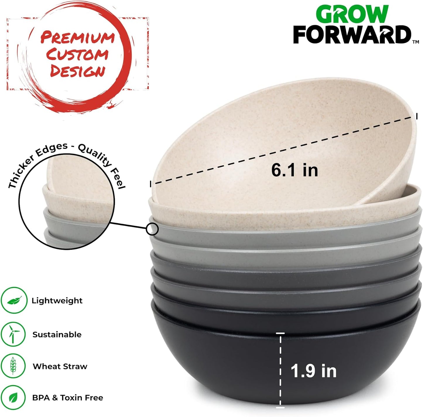 Grow Forward Premium Wheat Straw Bowls - 20oz Microwave Safe Plastic Cereal Bowls Set of 8 for Kitchen, Camping, RV, Dessert, Snack, Soup, Salad, Fruit - Reusable, Unbreakable & BPA Free - Moonlight