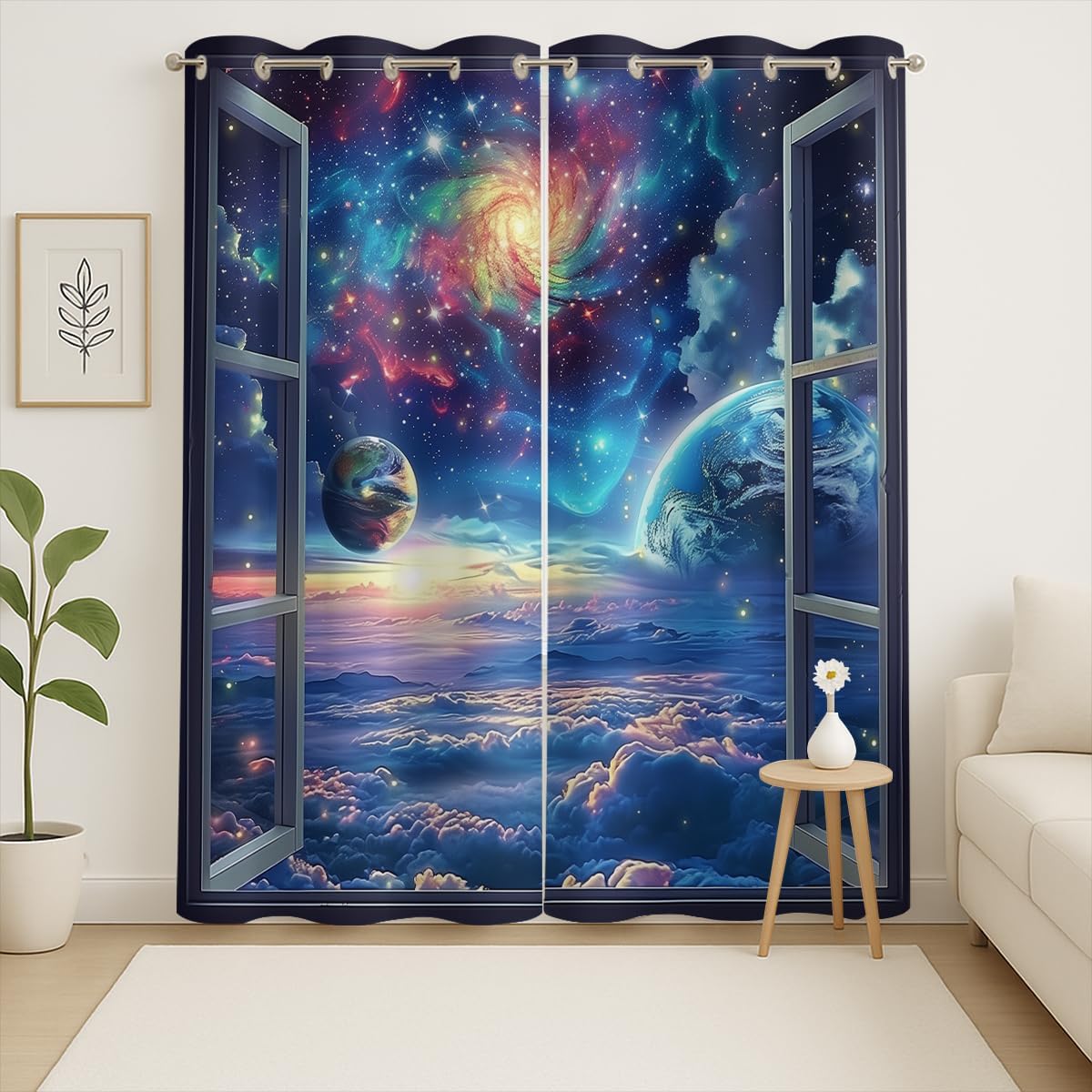 Space Galaxy Blackout Curtains for Girls Boys Kids Home Decor, Universe Nebula Galaxies Solar Planet Grommet Thermal Insulated Drapes Darkening Window Curtain for Bedroom Living Room, 55 x 63 Inch