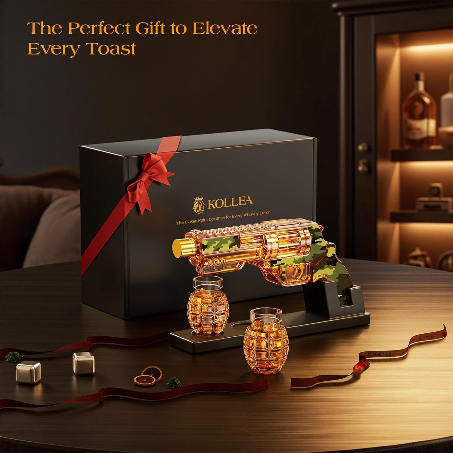 Kollea Camouflage Whiskey Decanter Sets with Grenade Shot Glasses, Anniversary Birthday Gifts for Him, Holiday Gifts for Father, Brother, Husband, Boyfriend, Military Present, Bar Drinking, 12.8 oz