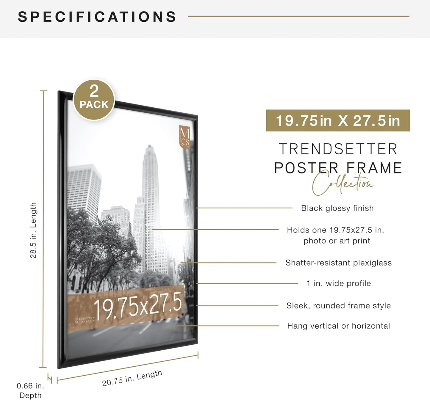 MCS Trendsetter 19.75x27.5 Poster Frame Black High-Gloss, Vertical & Horizontal Wall Hanging Large Picture Frame for Photos, Posters & Art Prints (1-Pack)