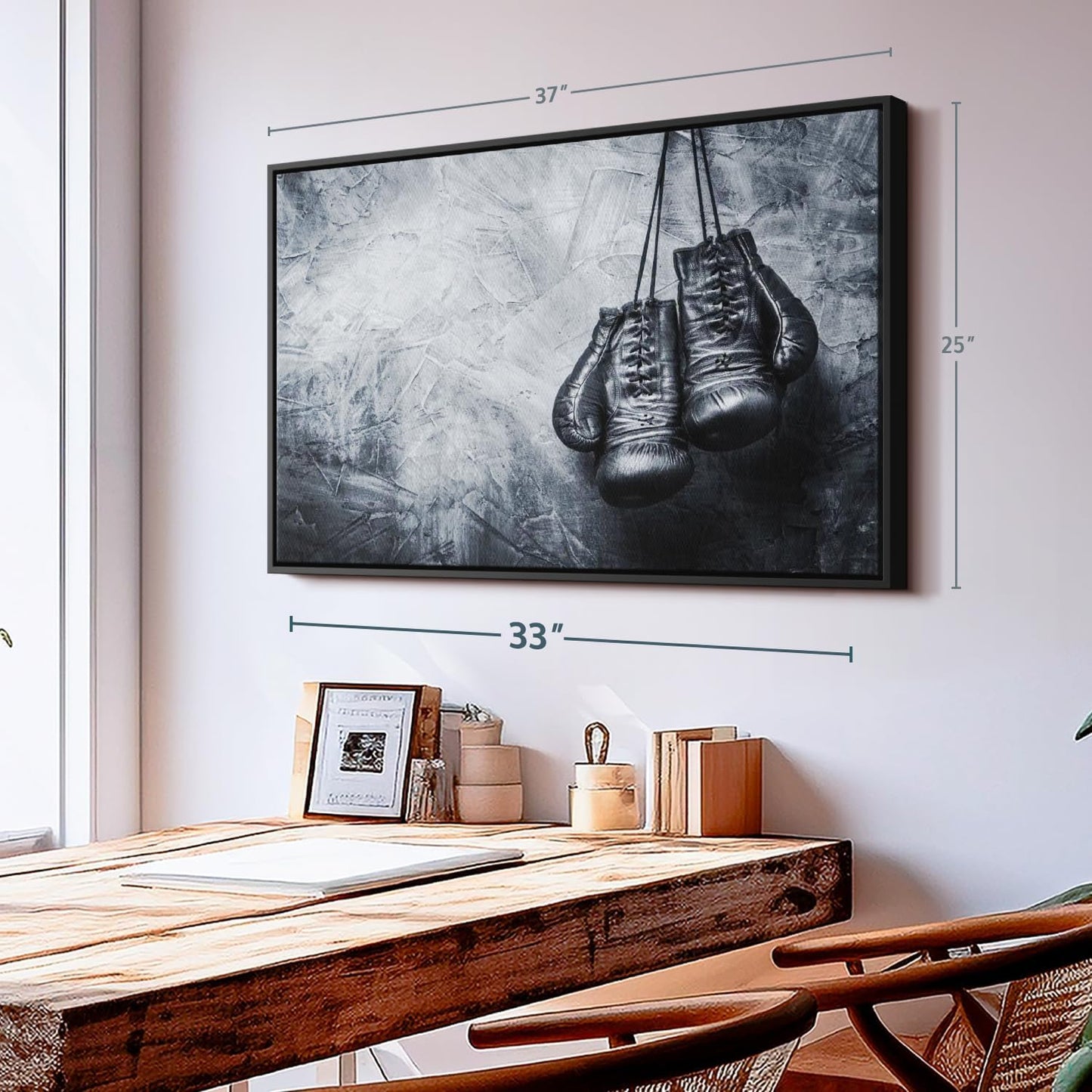 ElephantStock Boxing Gloves Wall Art - Horizontal Framed Canvas - 1-Piece Living Room Wall Decor - Photography Sports Canvas Print - Black and Gray Decor for Wall - 37" X 25"