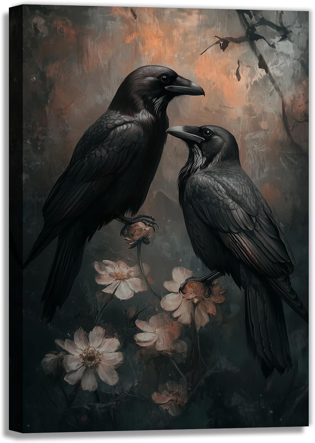 OAAPITI Birds Canvas Wall Art Black Couple Crow Picture Print Vintage Gothic Raven Artwork for Living Room Halloween Home Wall Decor(Artwork-7,28"x42")