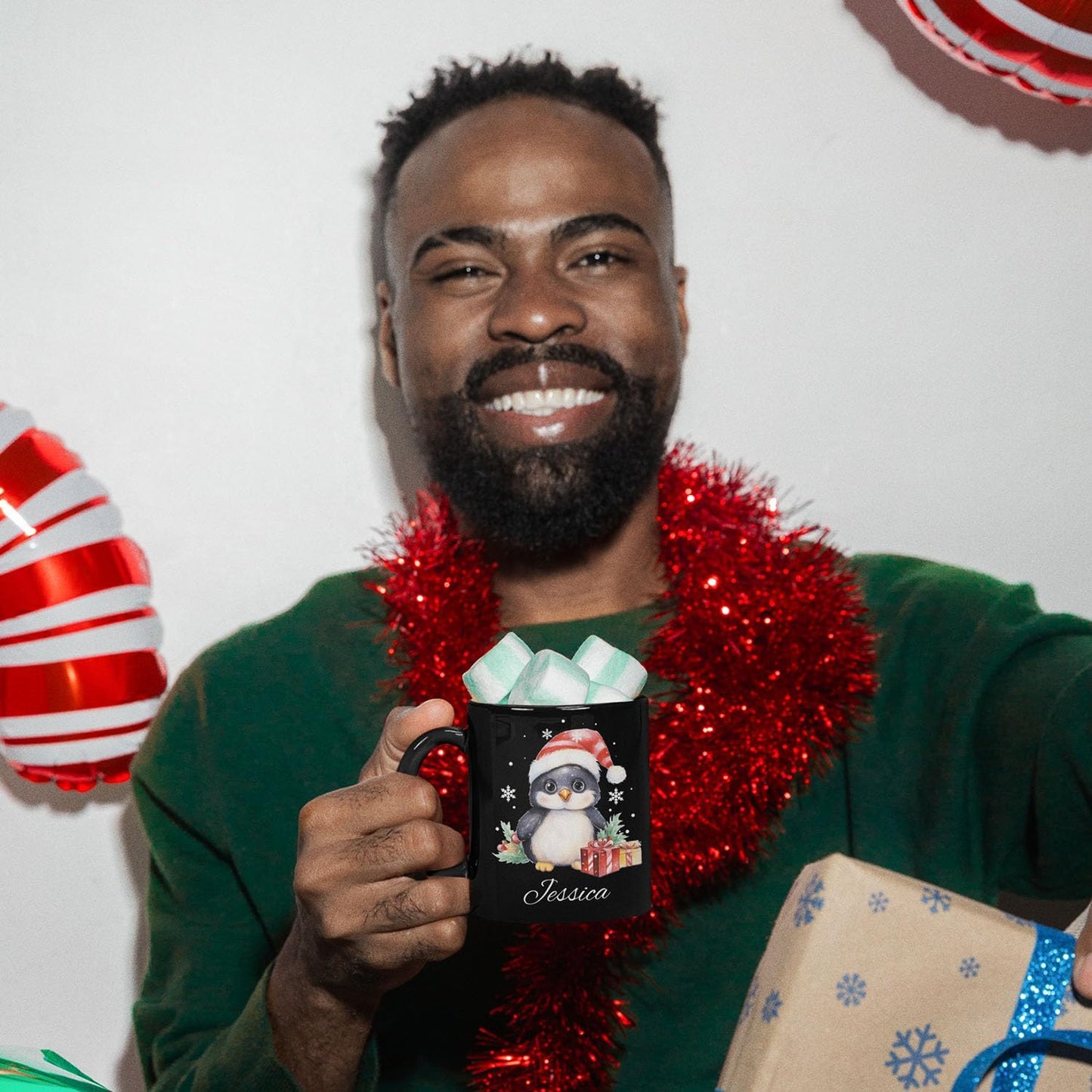 Customized Christmas Themed Black Cup, Personalized Cute Xmas Penguin Mug With Name, Gift For Christmas, Custom Animal Wearing Santa Hat Design Cup, Christmas Animal Coffee Mug 11oz 15oz